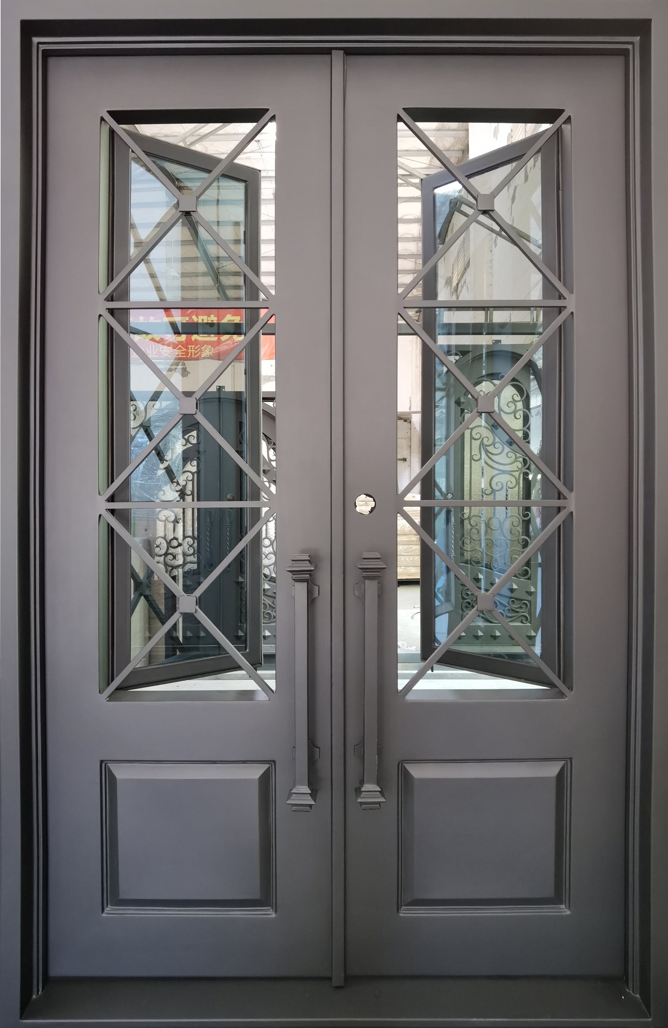 Rockport Model Double Front Entry Iron Door With Tempered Reflective Glass Matt Black Finish