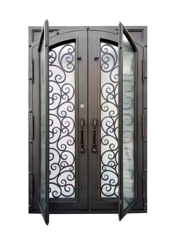 Hudson Model Double Front Entry Iron Door With Tempered Rain Glass Dark Bronze Finish