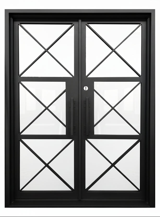 Prosper Model Double Front Entry Iron Door With Tempered Low E Clear Glass Matt Black Finish