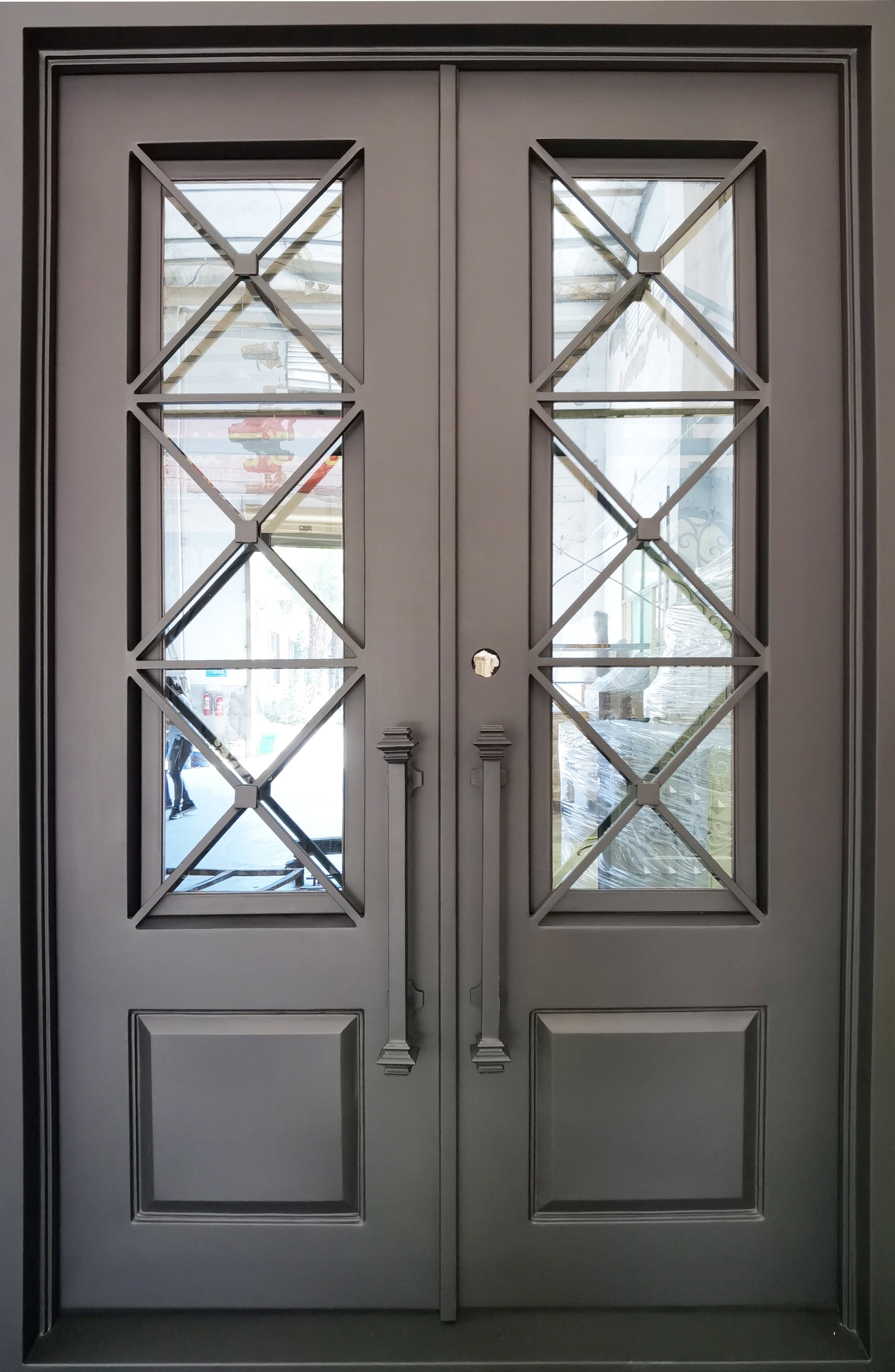 Rockport Model Double Front Entry Iron Door With Tempered Reflective Glass Matt Black Finish