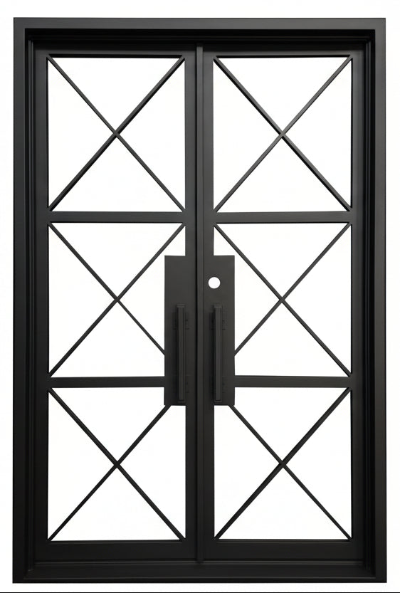 Prosper Model Double Front Entry Iron Door With Tempered Low E Clear Glass Matt Black Finish