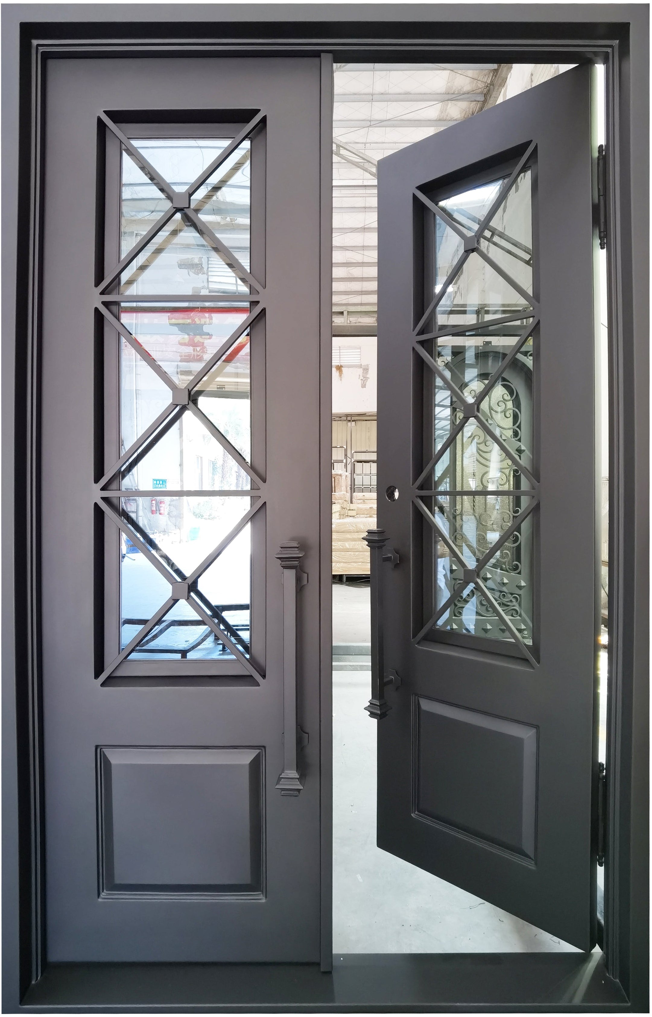 Rockport Model Double Front Entry Iron Door With Tempered Reflective Glass Matt Black Finish