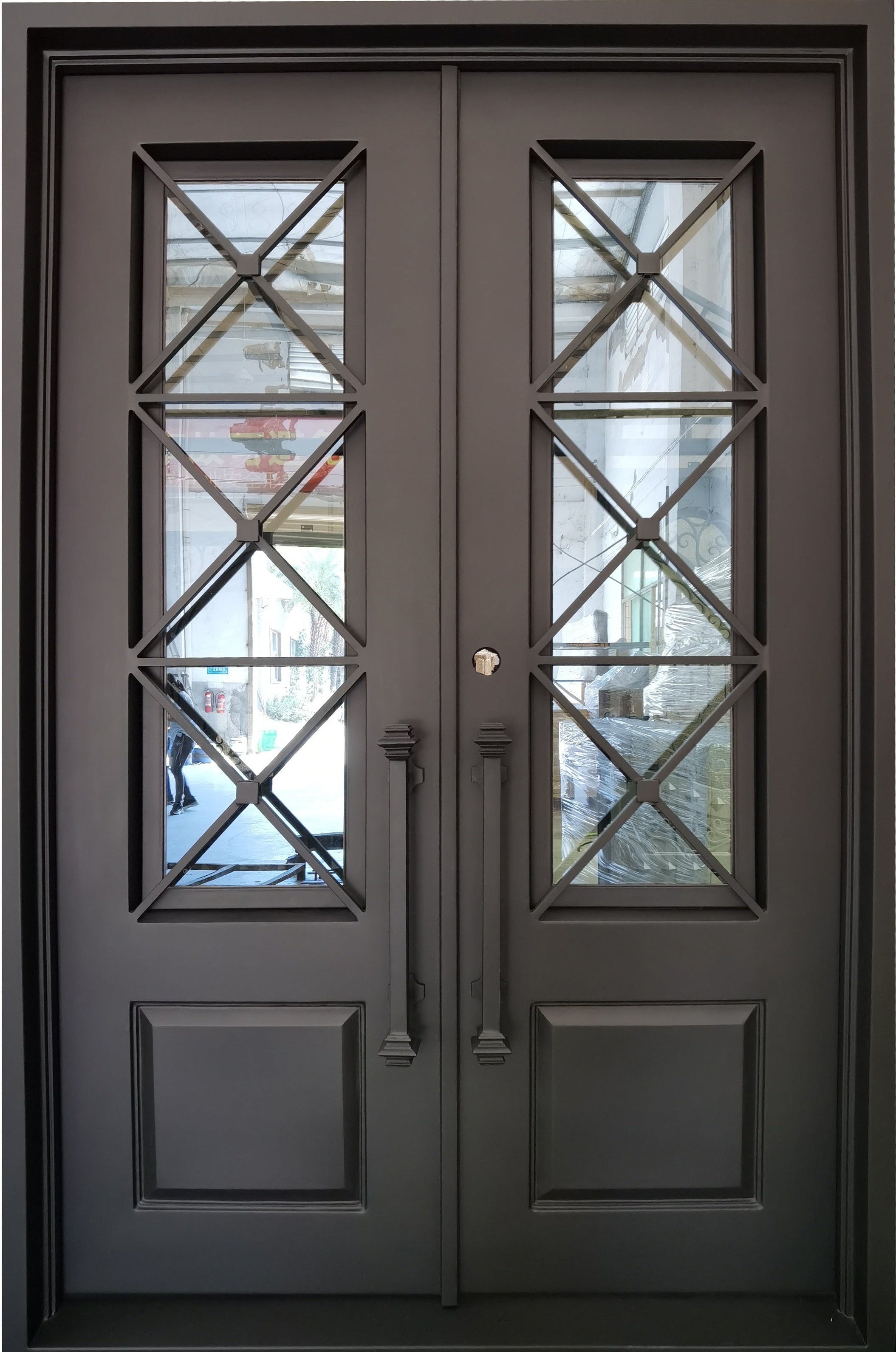 Rockport Model Double Front Entry Iron Door With Tempered Reflective Glass Matt Black Finish