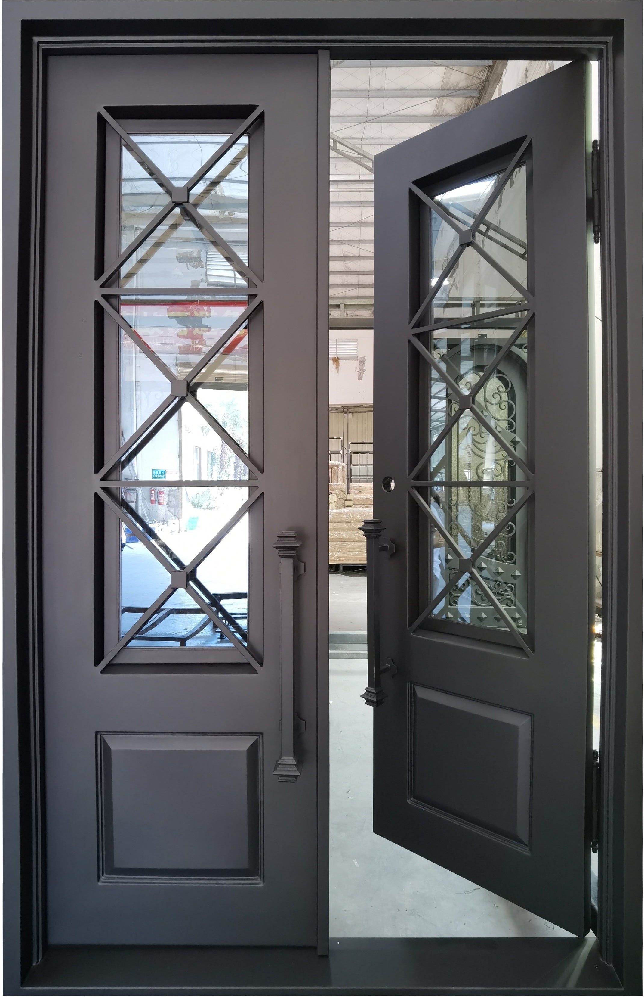 Rockport Model Double Front Entry Iron Door With Tempered Reflective Glass Matt Black Finish