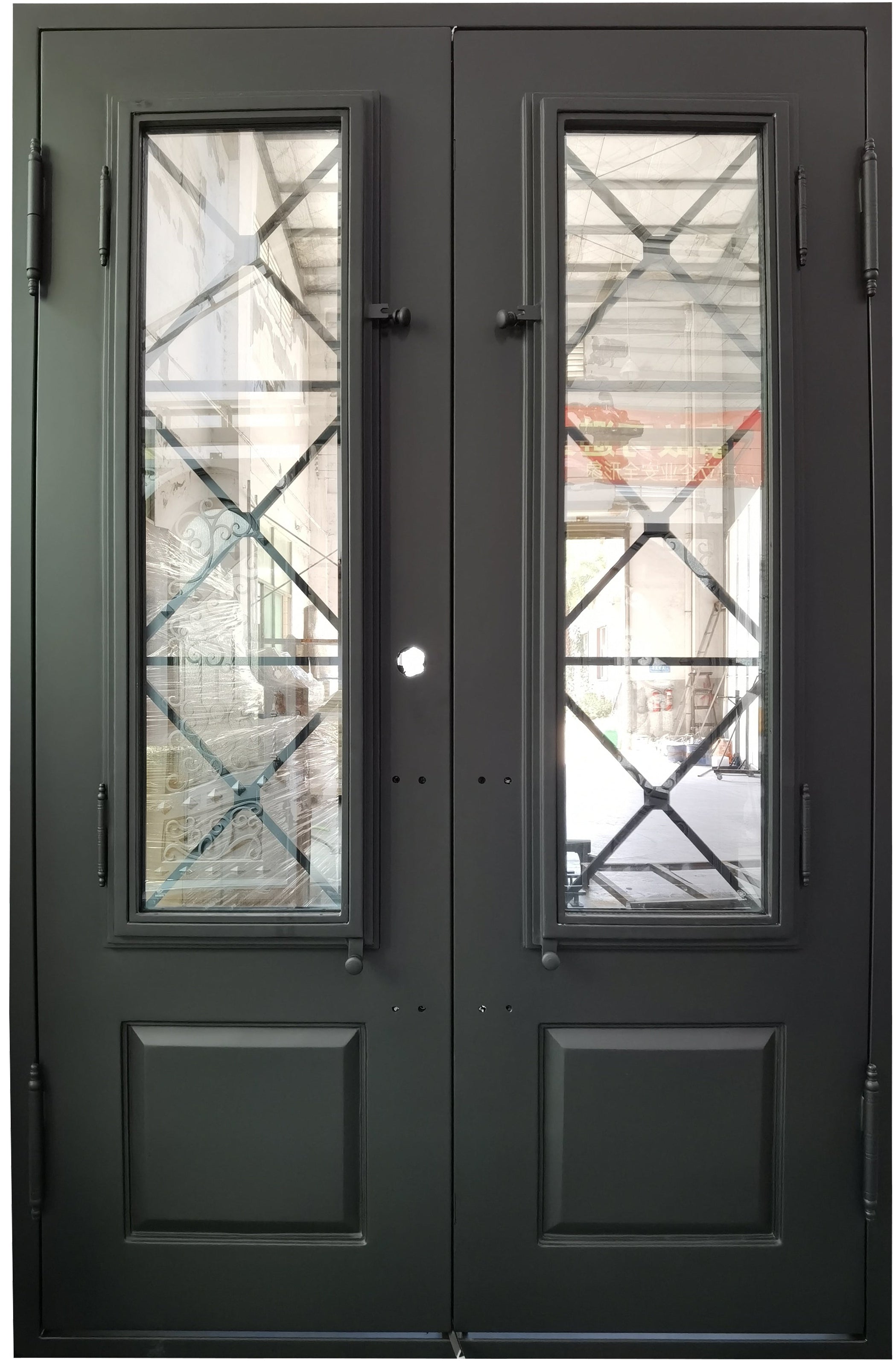 Rockport Model Double Front Entry Iron Door With Tempered Reflective Glass Matt Black Finish