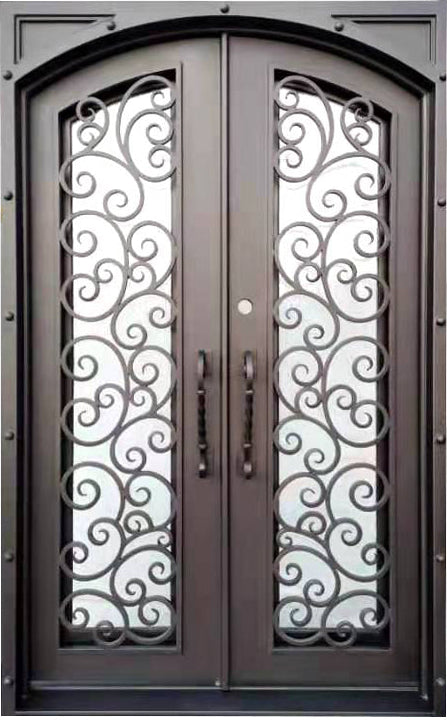 Hudson Model Double Front Entry Iron Door With Tempered Rain Glass Dark Bronze Finish