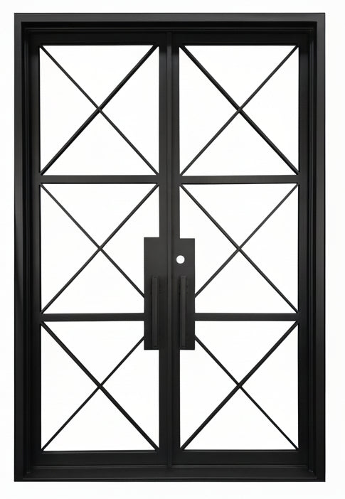 Prosper Model Double Front Entry Iron Door With Tempered Low E Clear Glass Matt Black Finish