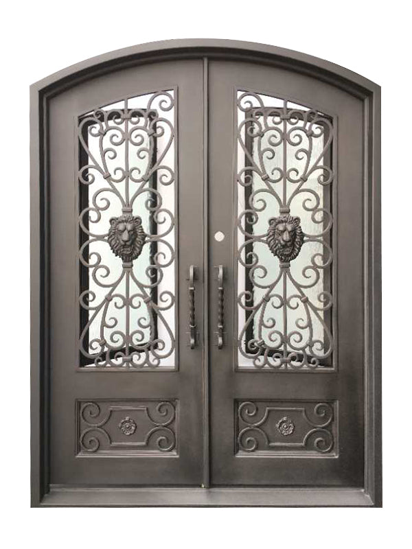 Princeton Model Double Front Entry Iron Door With Tempered Rain Glass Dark Bronze Finish