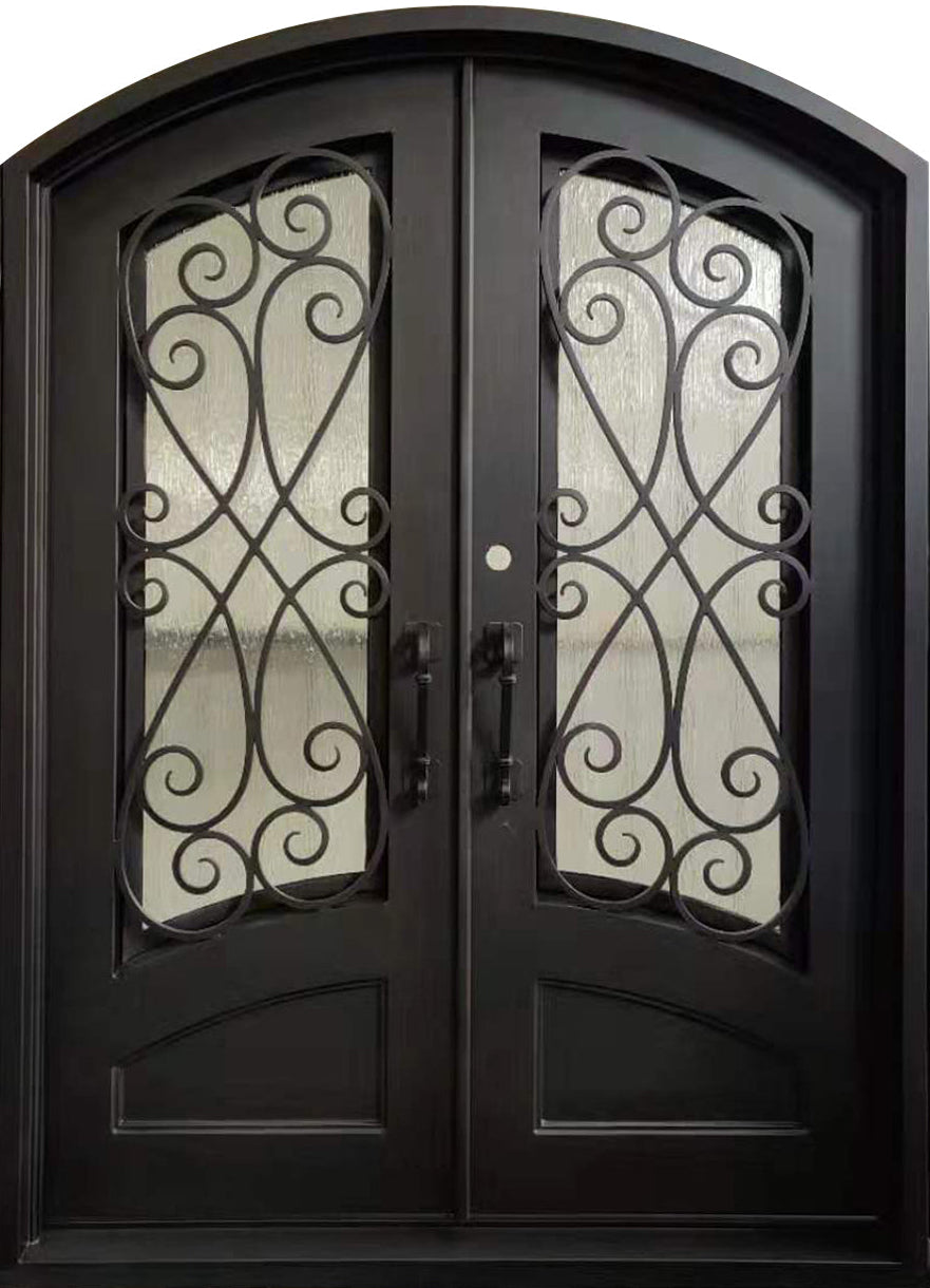 Azle Model Double Front Entry Iron Door With Tempered Rain Glass Dark Bronze Finish