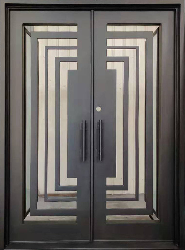 Bellaire Model Double Front Entry Iron Door With Tempered Frosted Glass Dark Bronze Finish