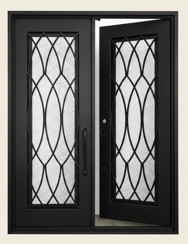 Burleson Model Thermal Break Double Front Entry Iron Door With Tempered Water Cube Glass Matt Black Finish