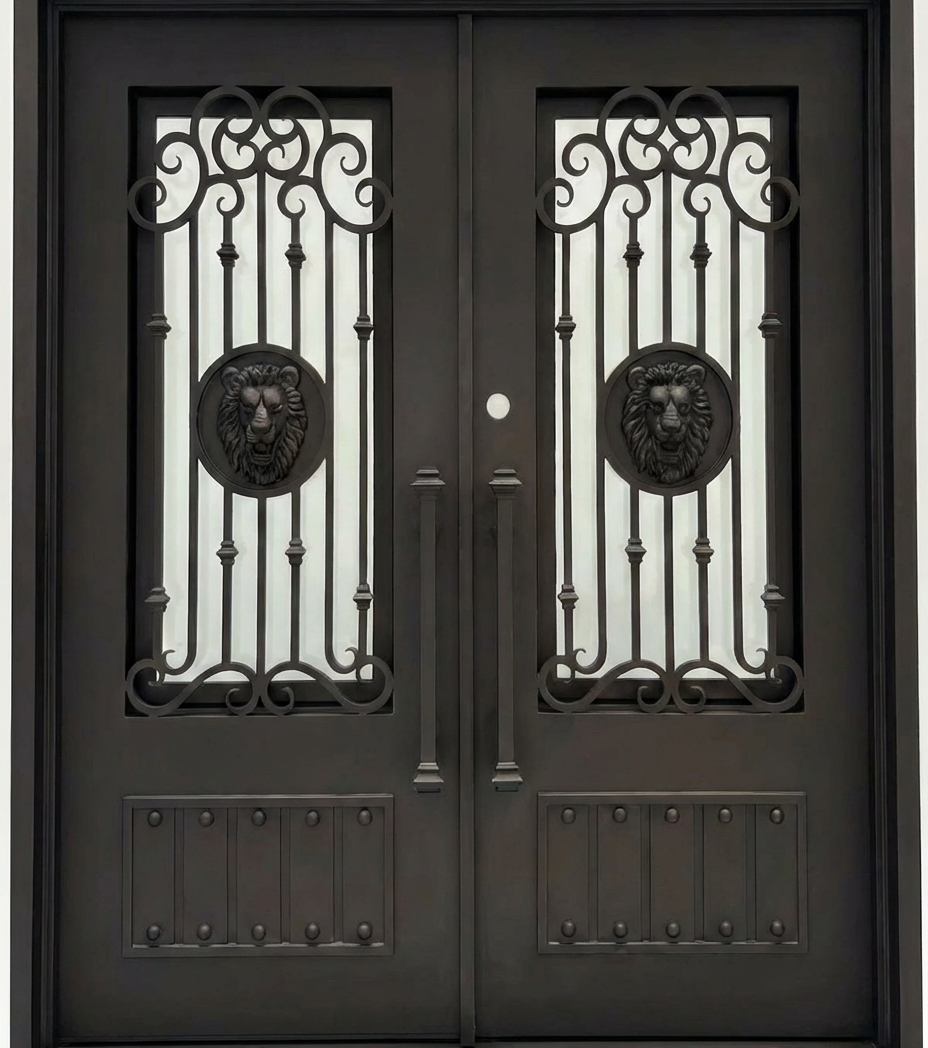 Forney Model  Double Front Entry Iron Door With Tempered Rain Glass Dark Bronze Finish