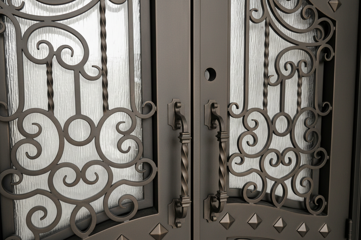 Canton Model  Double Front Entry Iron Door With Tempered Rain Glass Dark Bronze Finish