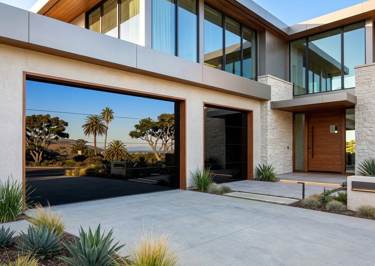 16 by 8 Full View Frameless Garage Door With Black Tinted Tempered Glass