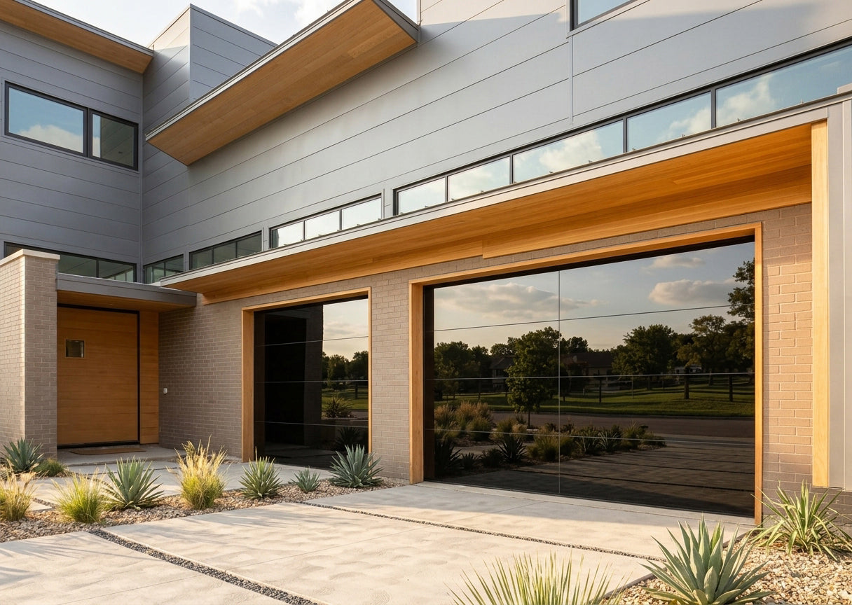 16 by 8 Full View Frameless Garage Door With Black Tinted Tempered Glass