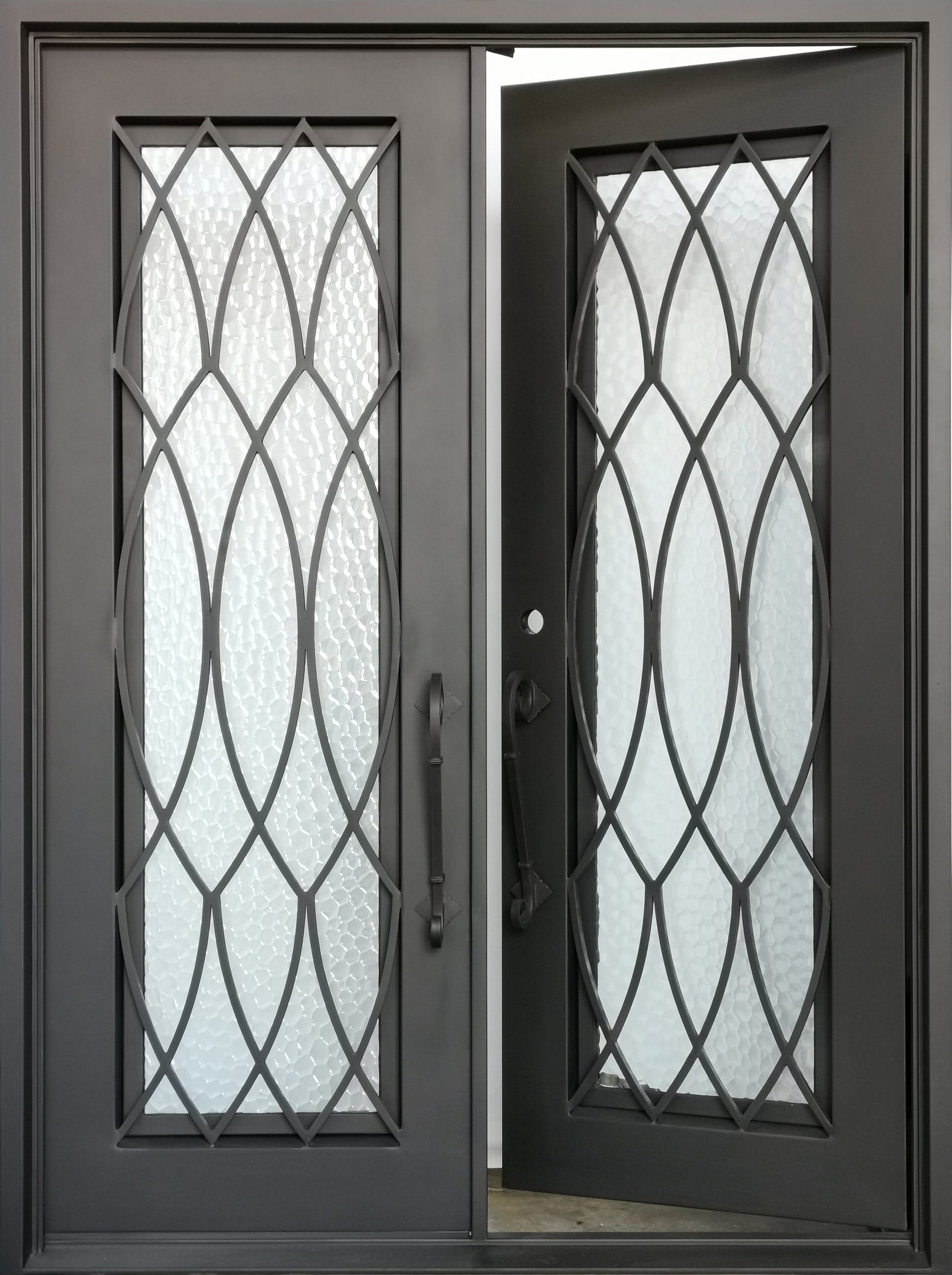 Burleson Model Double Front Entry Iron Door With Tempered Water Cube Glass Dark Bronze Finish