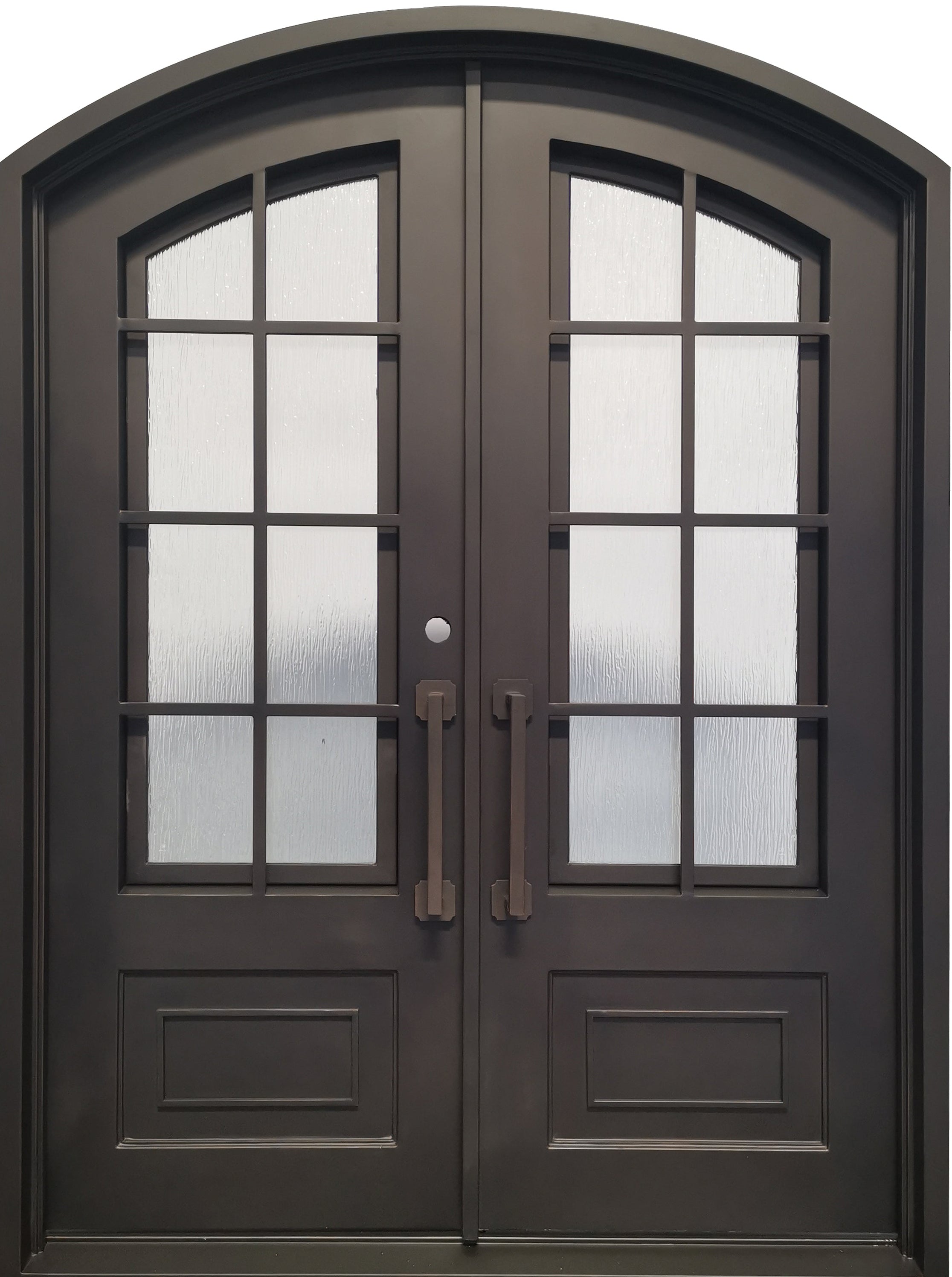 Anderson Model Double Front Entry Iron Door With Tempered Rain Glass Dark Bronze Finish