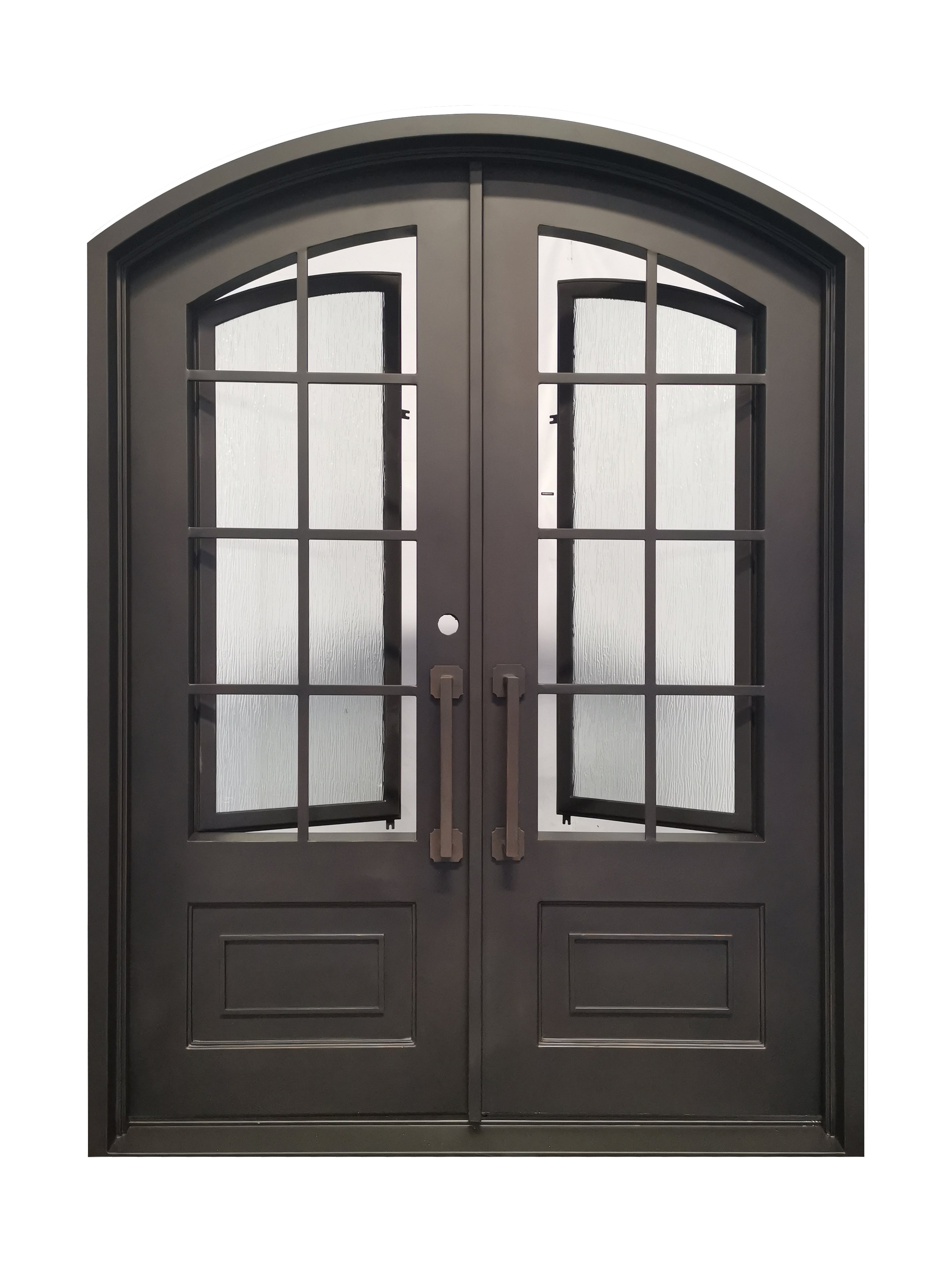 Anderson Model Double Front Entry Iron Door With Tempered Rain Glass Dark Bronze Finish