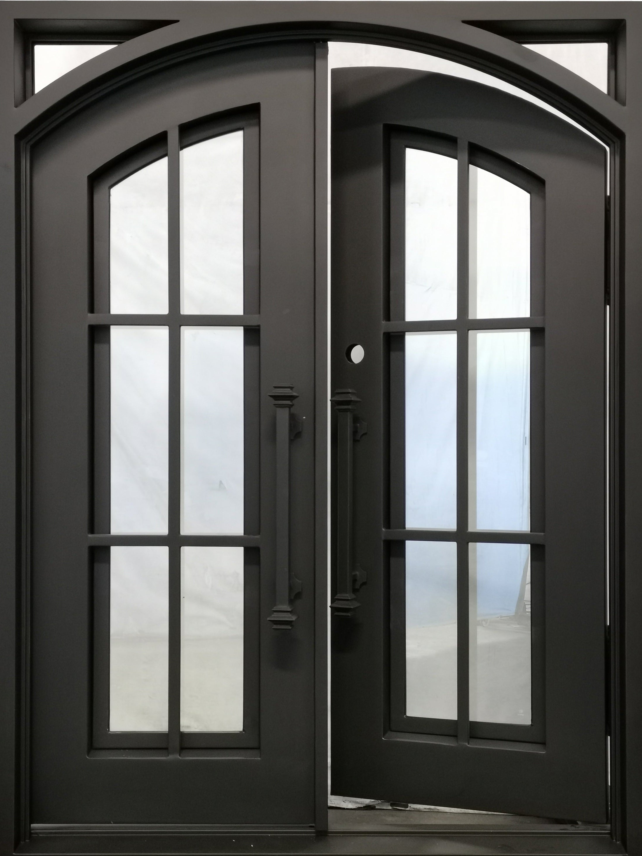 Covington Model Double Front Entry Iron Door With Tempered Low E Clear Glass Dark Bronze Finish