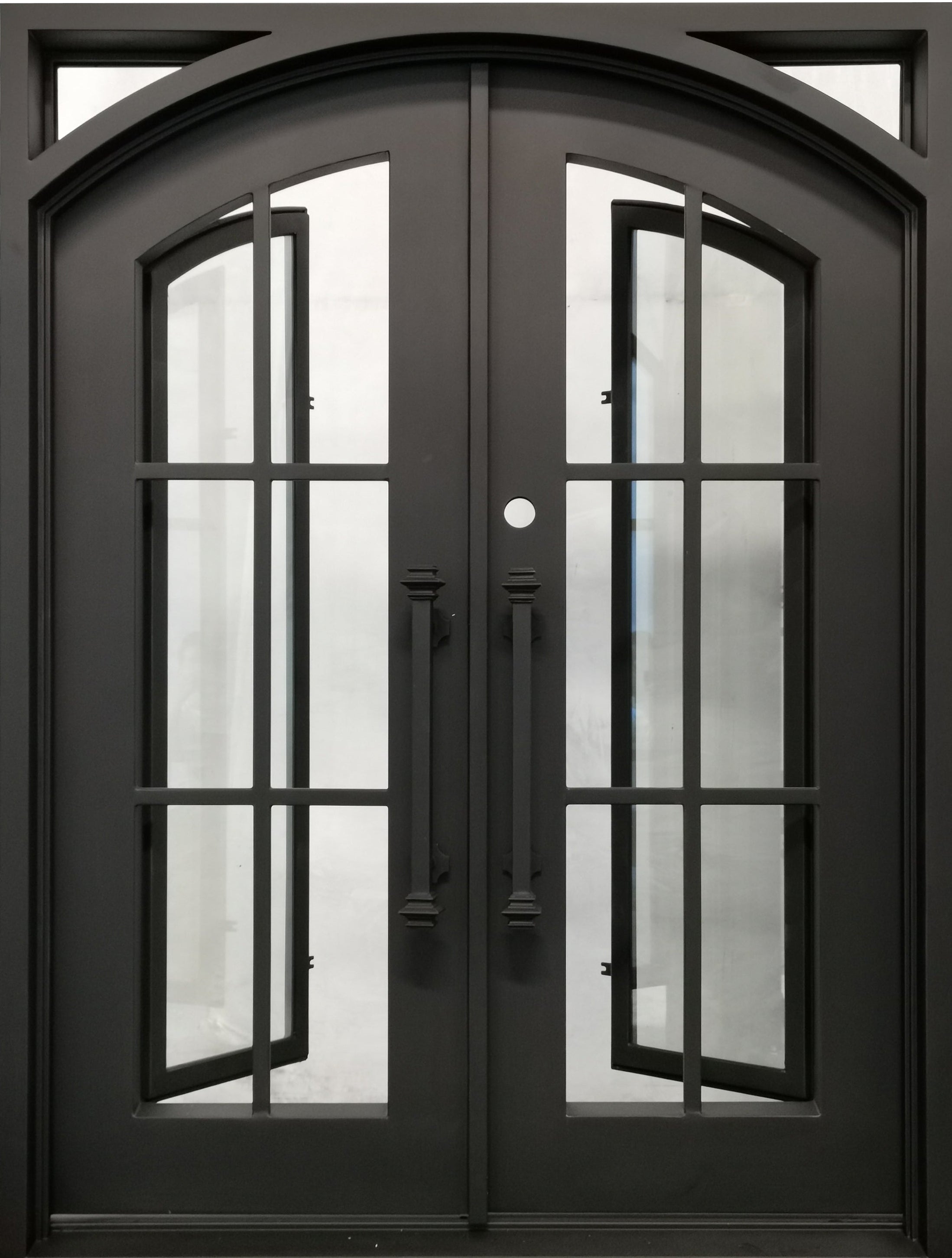 Covington Model Double Front Entry Iron Door With Tempered Low E Clear Glass Dark Bronze Finish