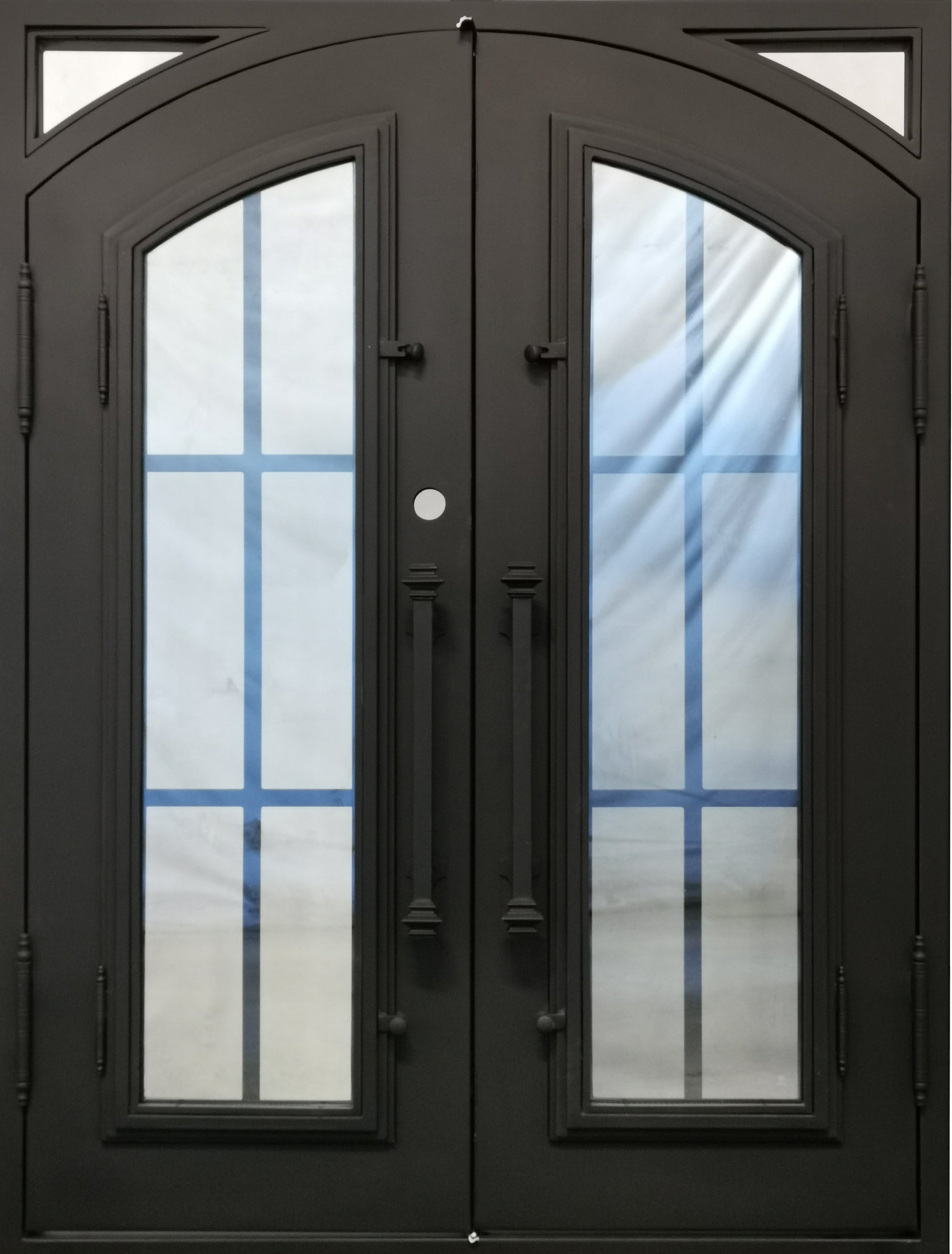 Covington Model Double Front Entry Iron Door With Tempered Low E Clear Glass Dark Bronze Finish