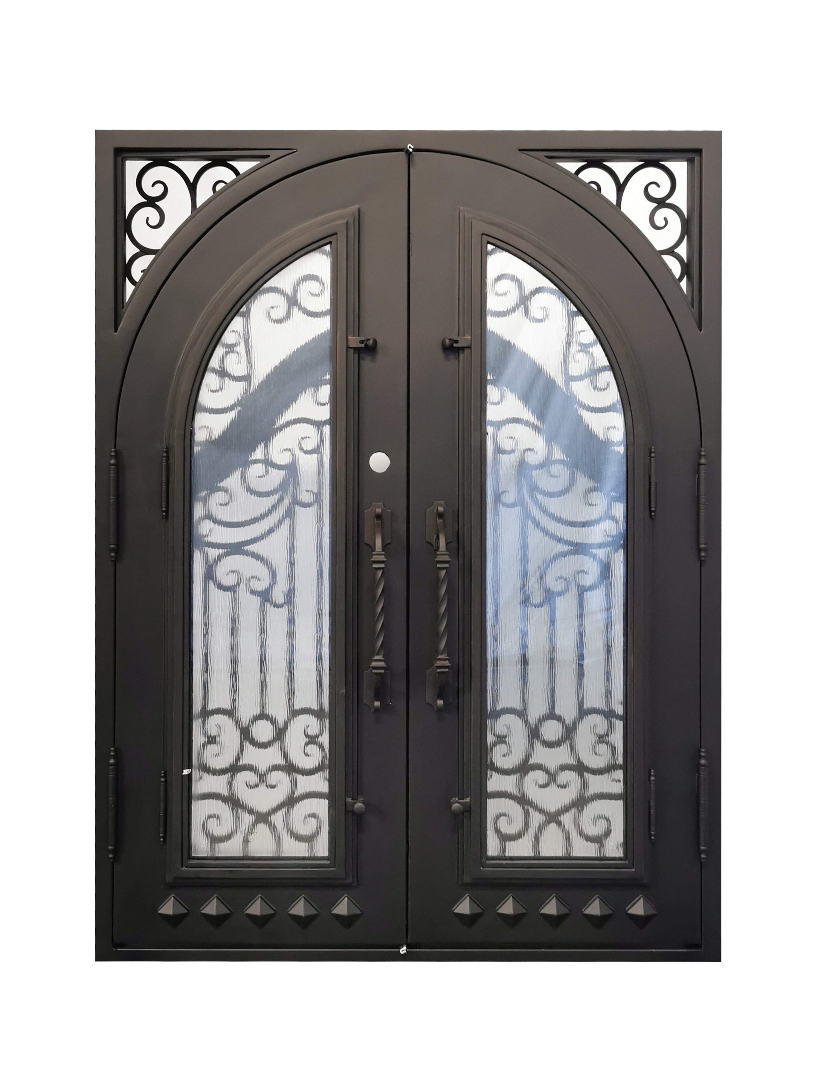 Cresson Model Double Front Entry Iron Door With Tempered Rain Glass Dark Bronze Finish