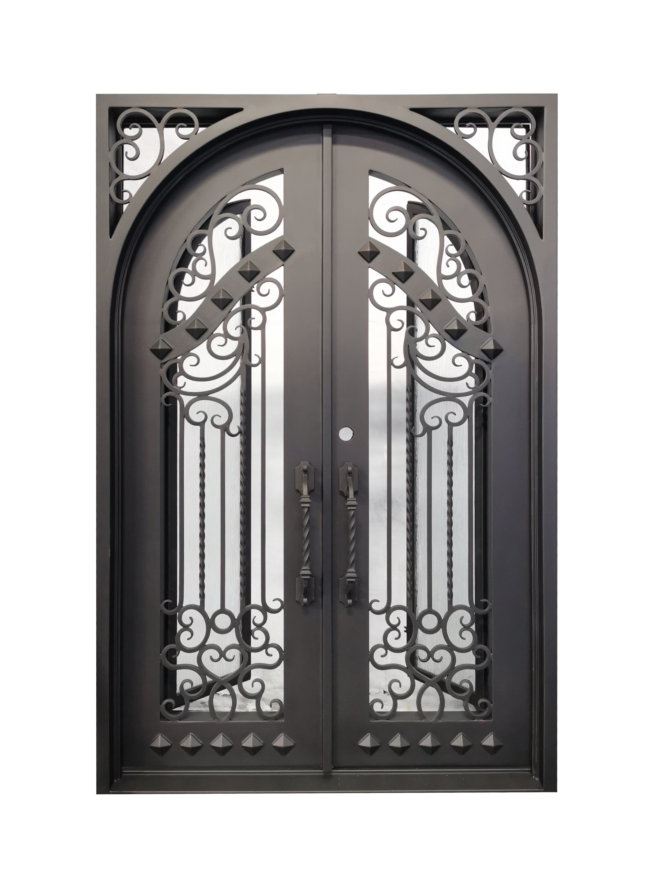 Cresson Model Double Front Entry Iron Door With Tempered Rain Glass Dark Bronze Finish