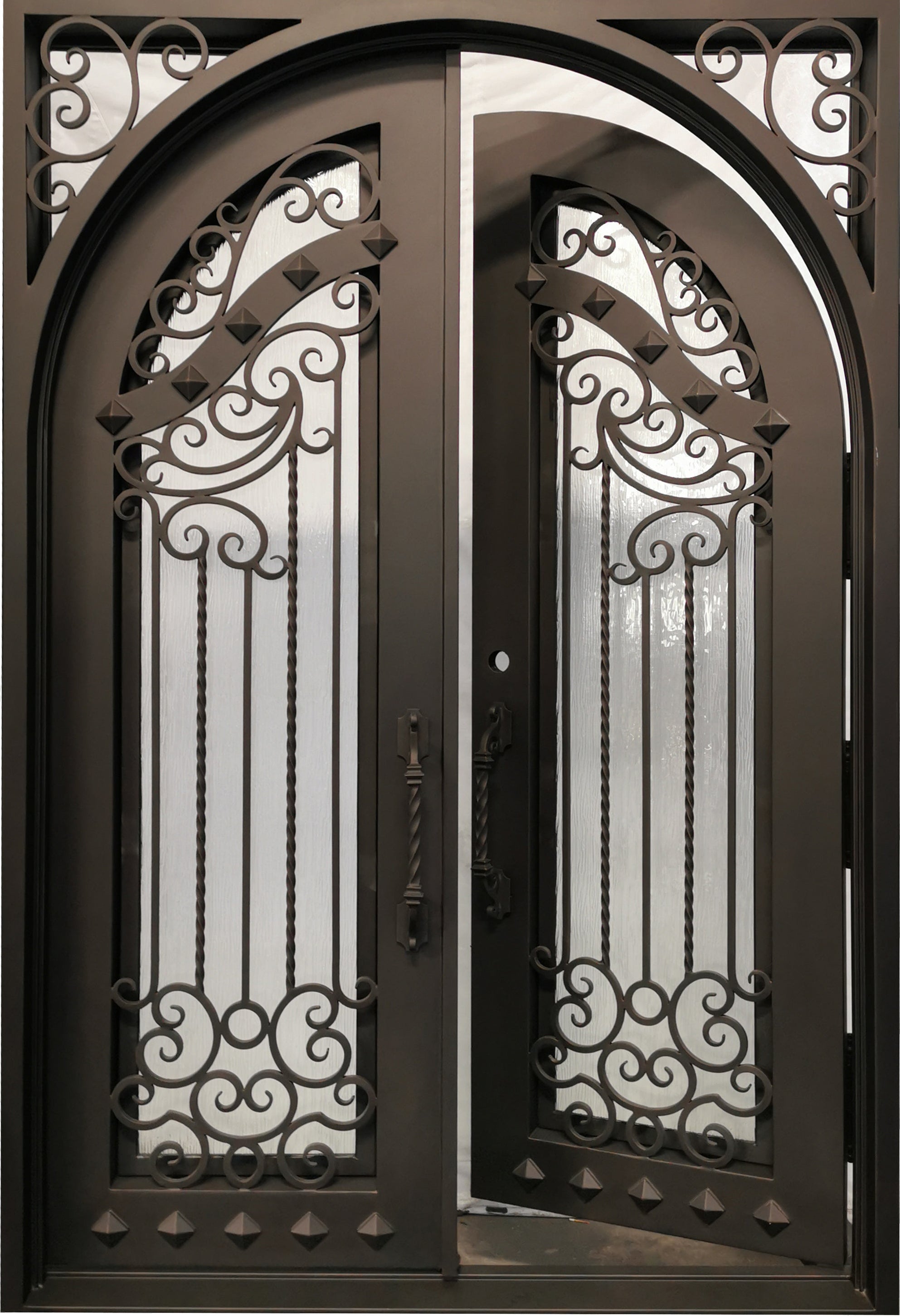 Cresson Model Double Front Entry Iron Door With Tempered Rain Glass Dark Bronze Finish