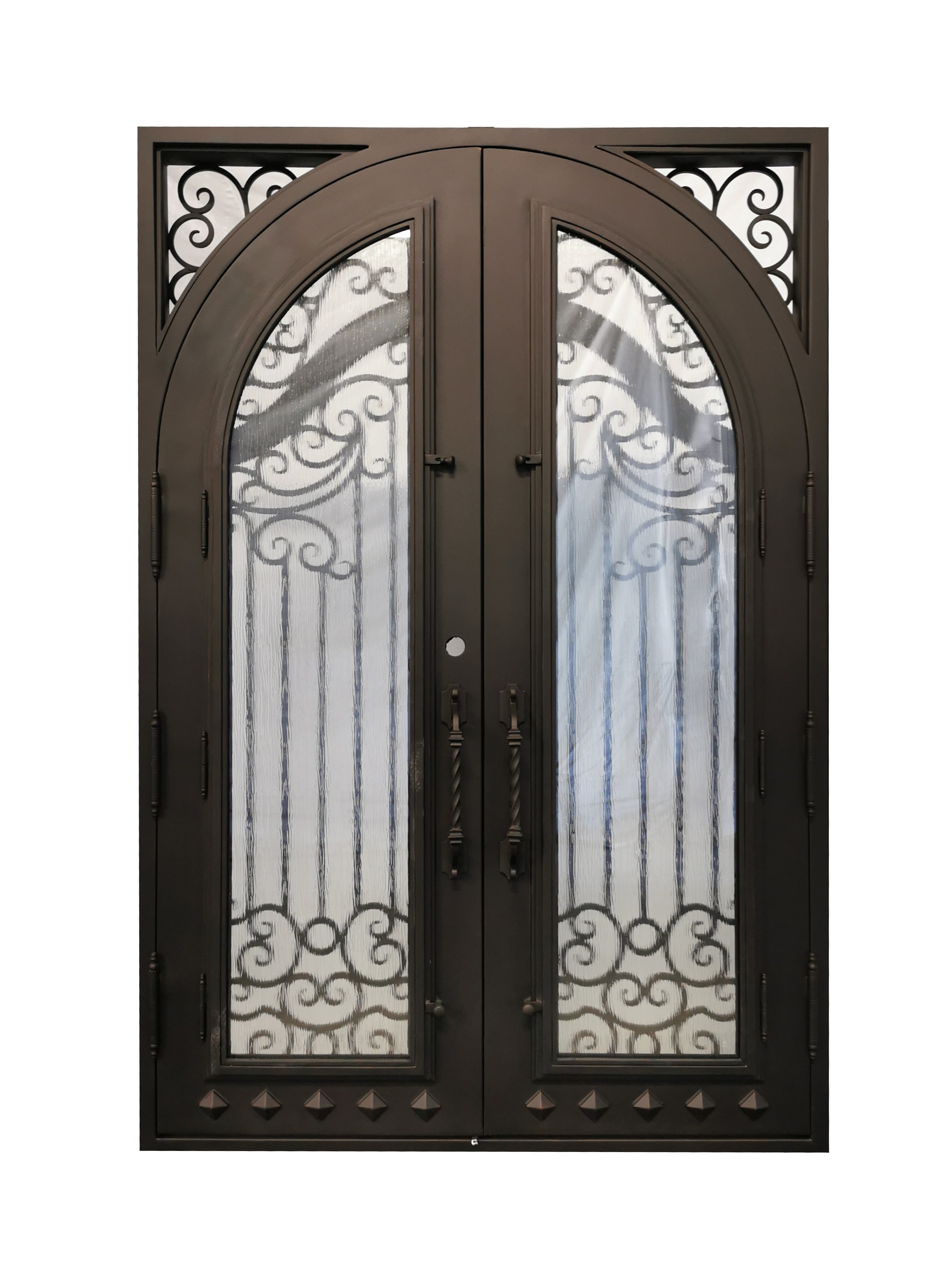 Cresson Model Double Front Entry Iron Door With Tempered Rain Glass Dark Bronze Finish