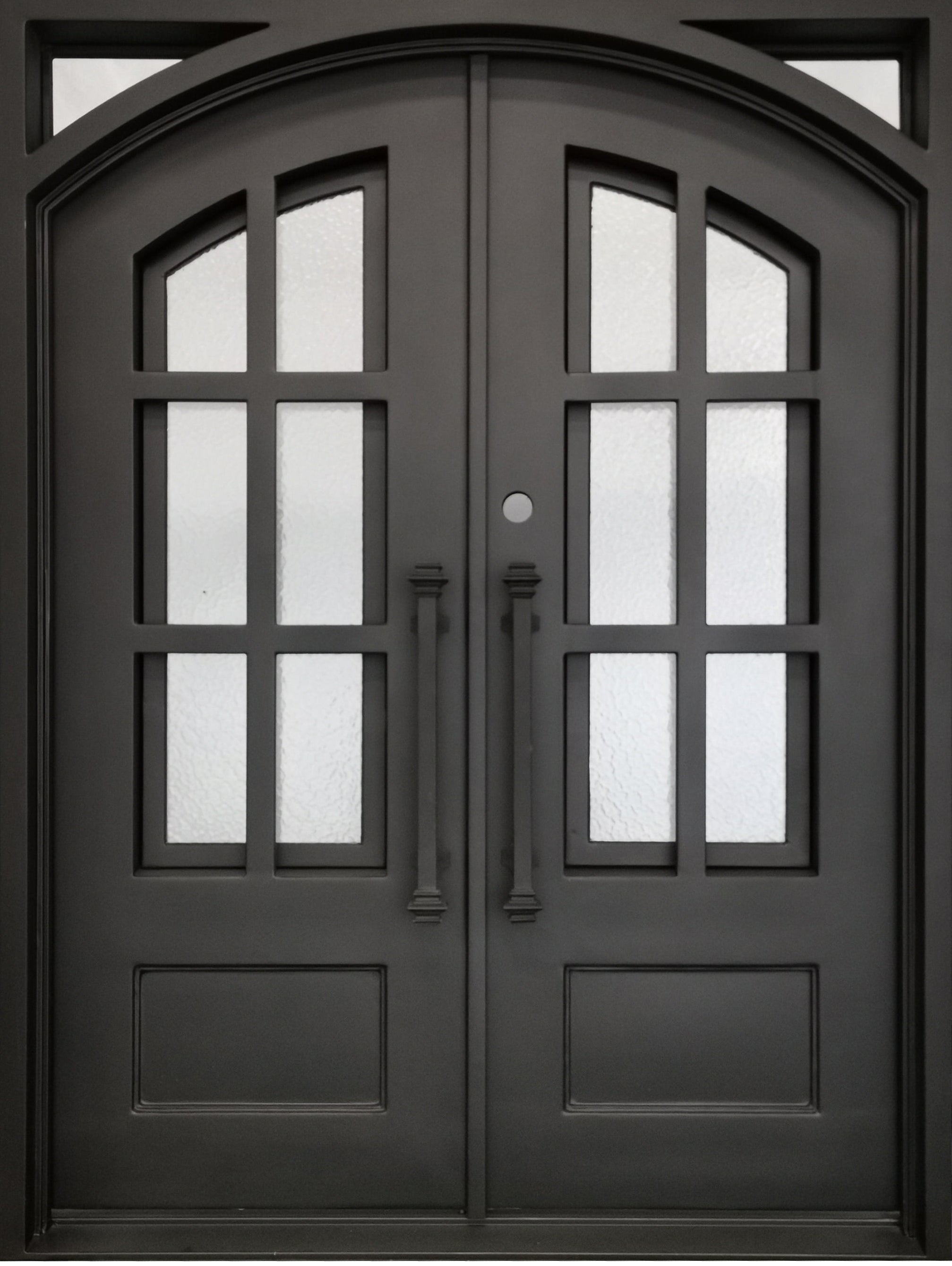 Cameroon Model Double Front Entry Iron Door With Tempered Aqua Lite Glass Dark Bronze Finish