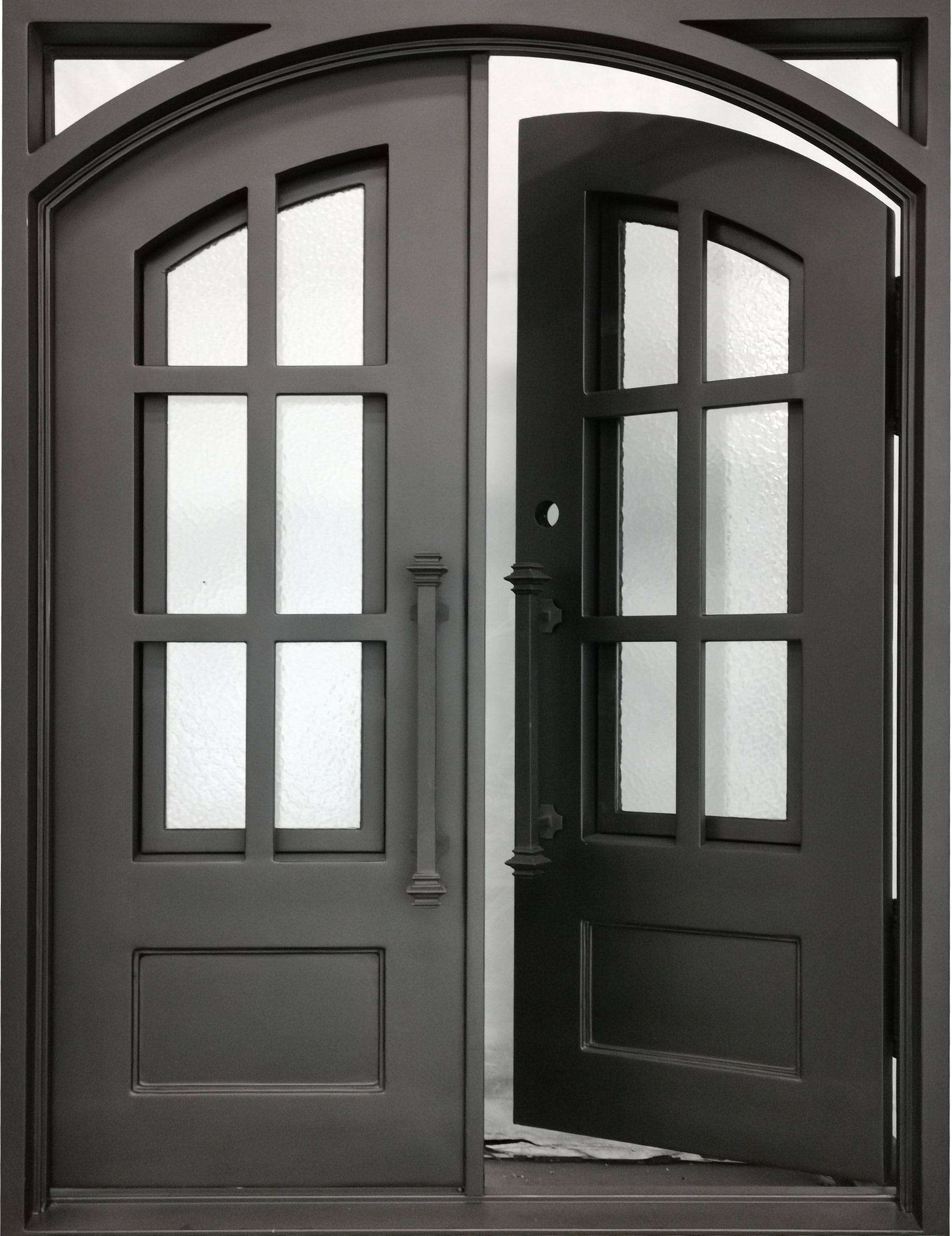 Cameroon Model Double Front Entry Iron Door With Tempered Aqua Lite Glass Dark Bronze Finish