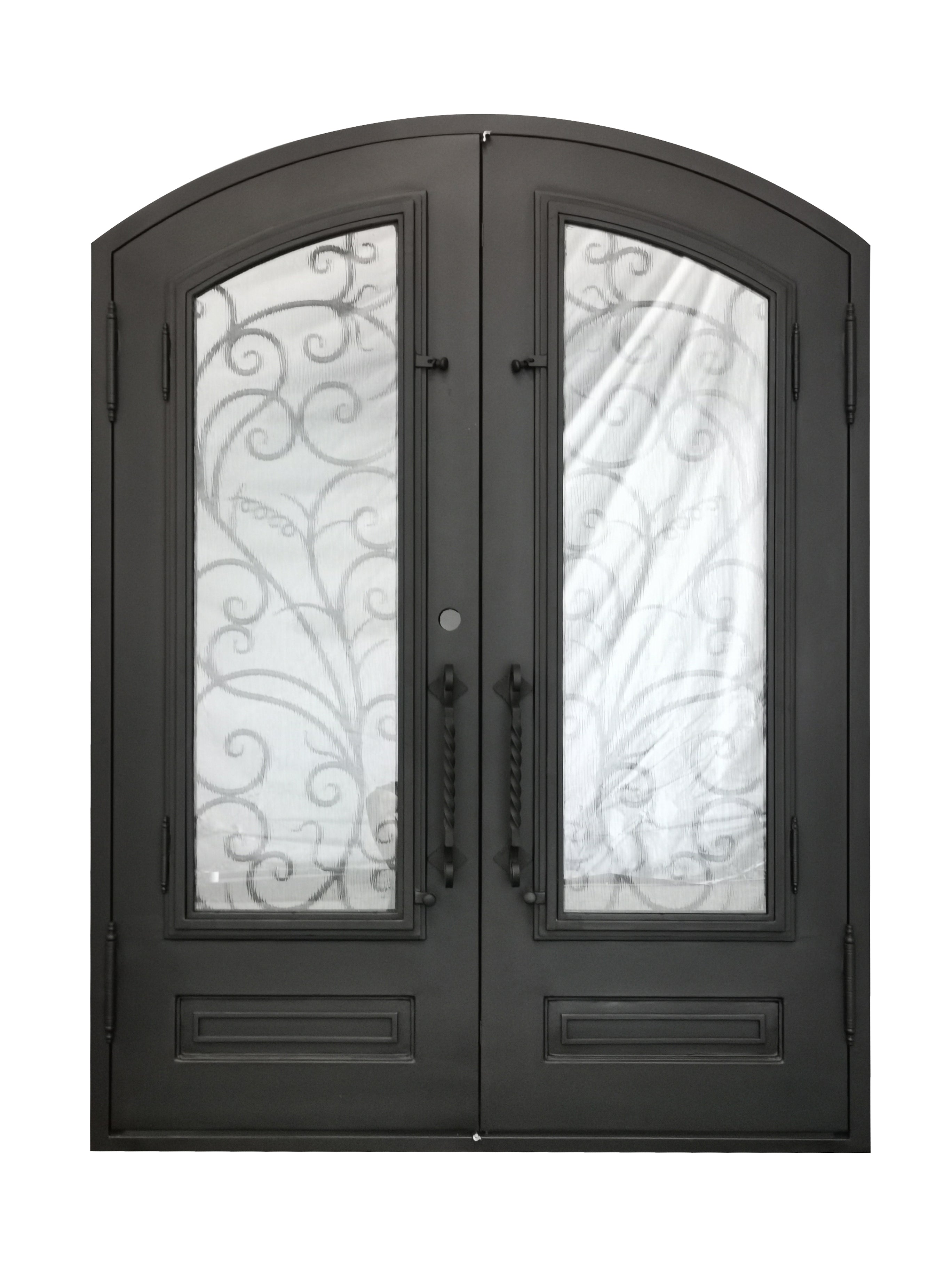 Crowley Model Double Front Entry Iron Door With Tempered Aqua Lite Glass Dark Bronze Finish