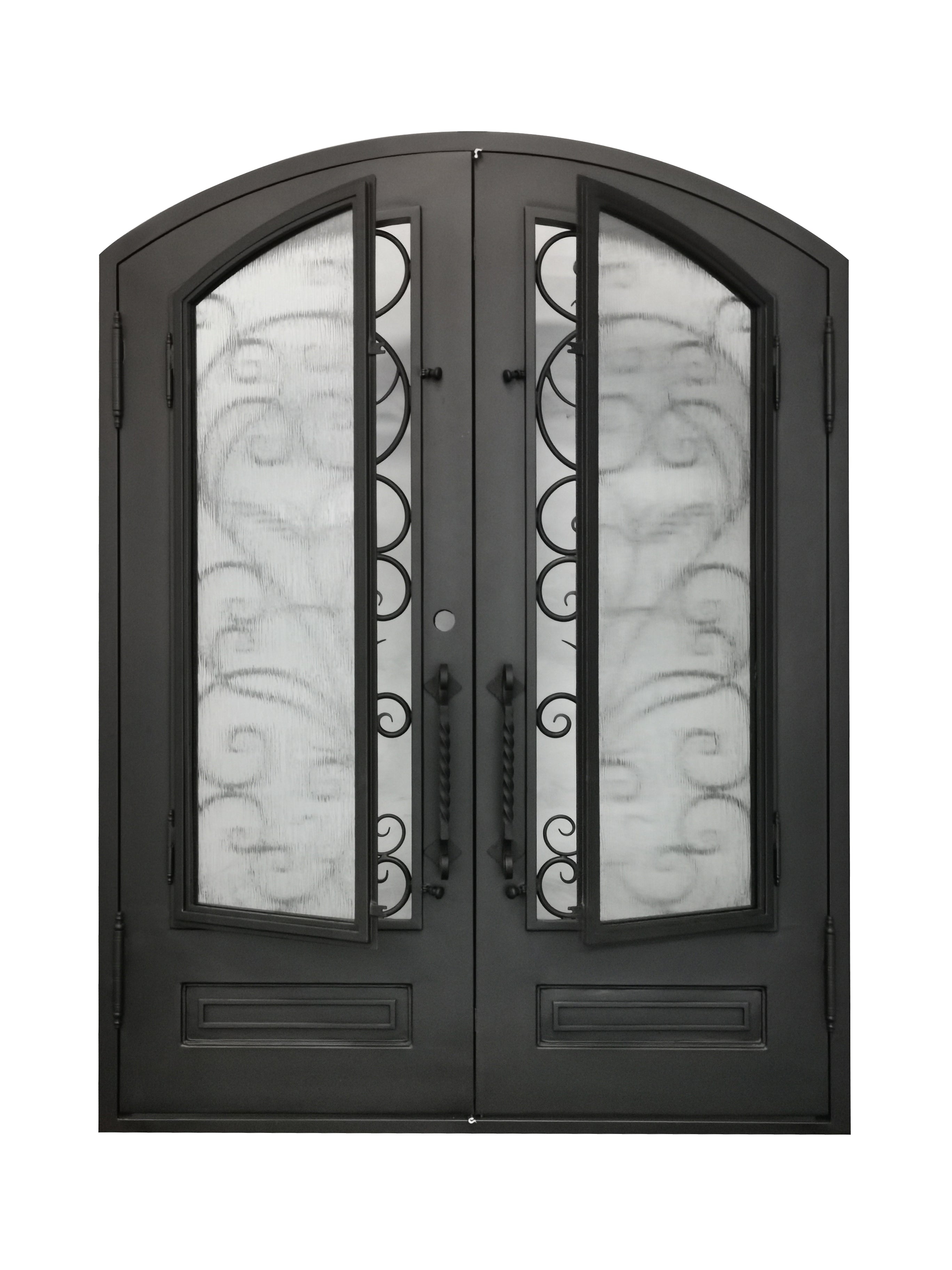Crowley Model Double Front Entry Iron Door With Tempered Aqua Lite Glass Dark Bronze Finish