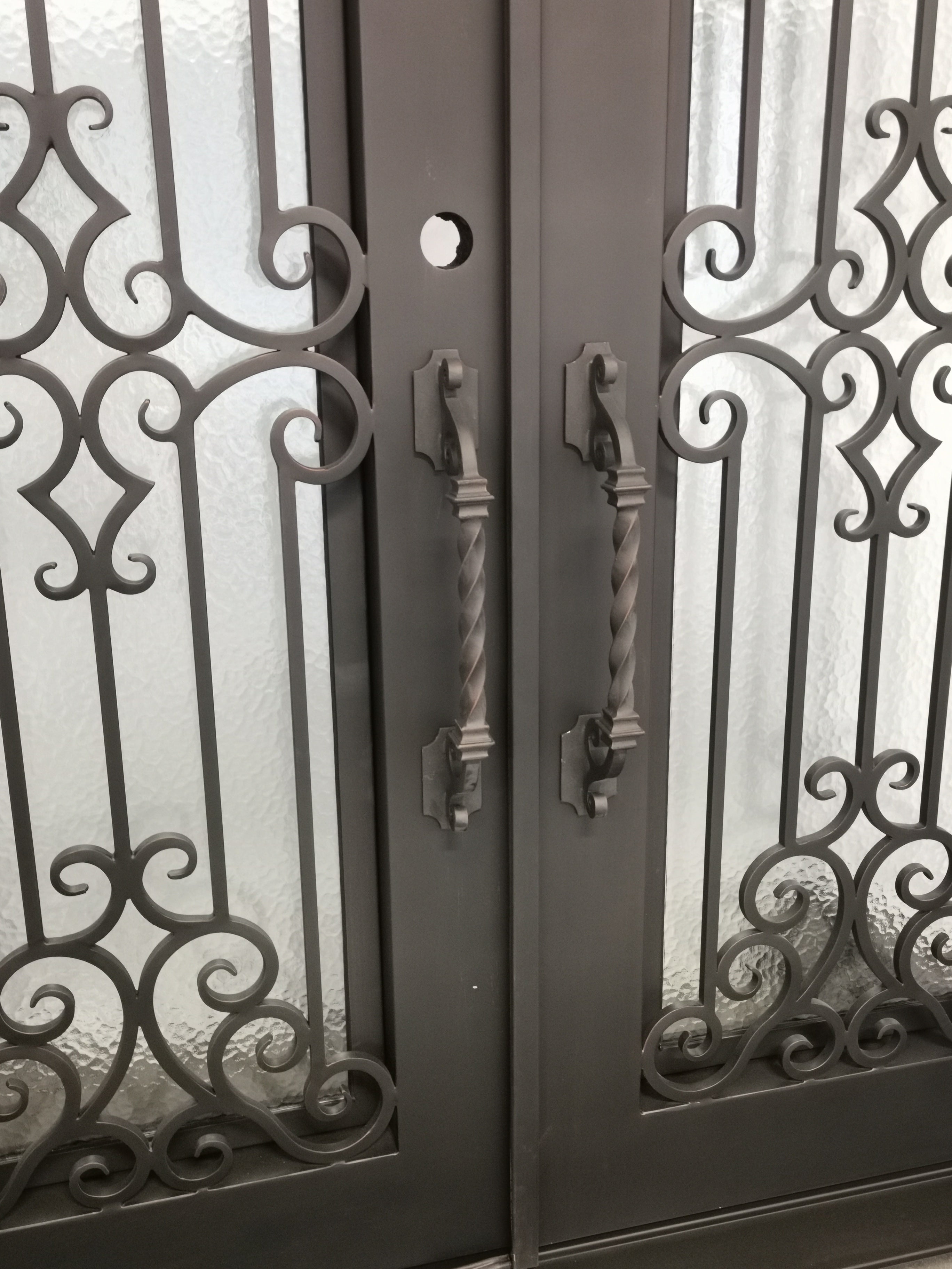 Hidalgo Model Double Front Entry Iron Door With Tempered Aqua Lite Glass Dark Bronze Finish