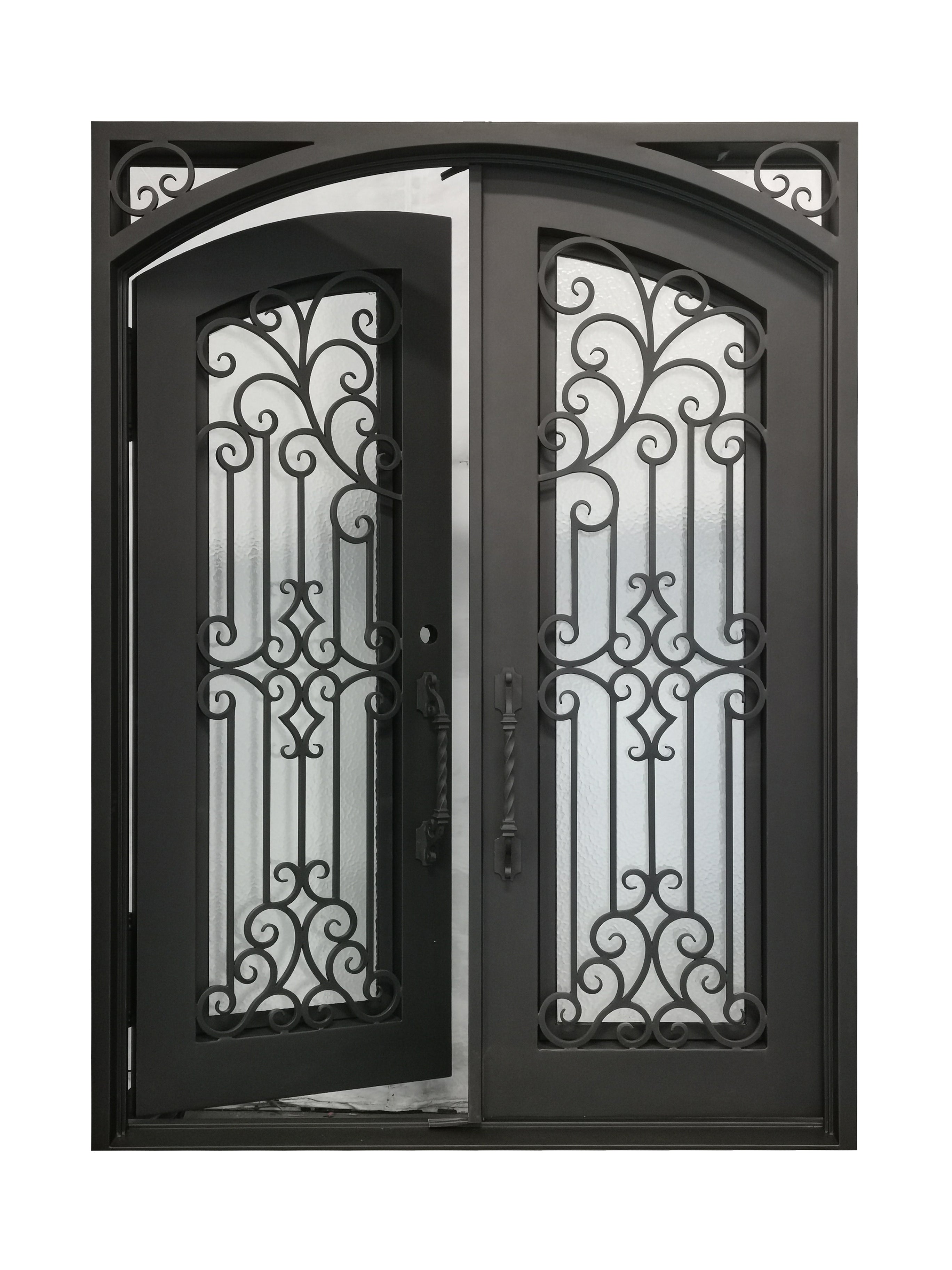 Hidalgo Model Double Front Entry Iron Door With Tempered Aqua Lite Glass Dark Bronze Finish
