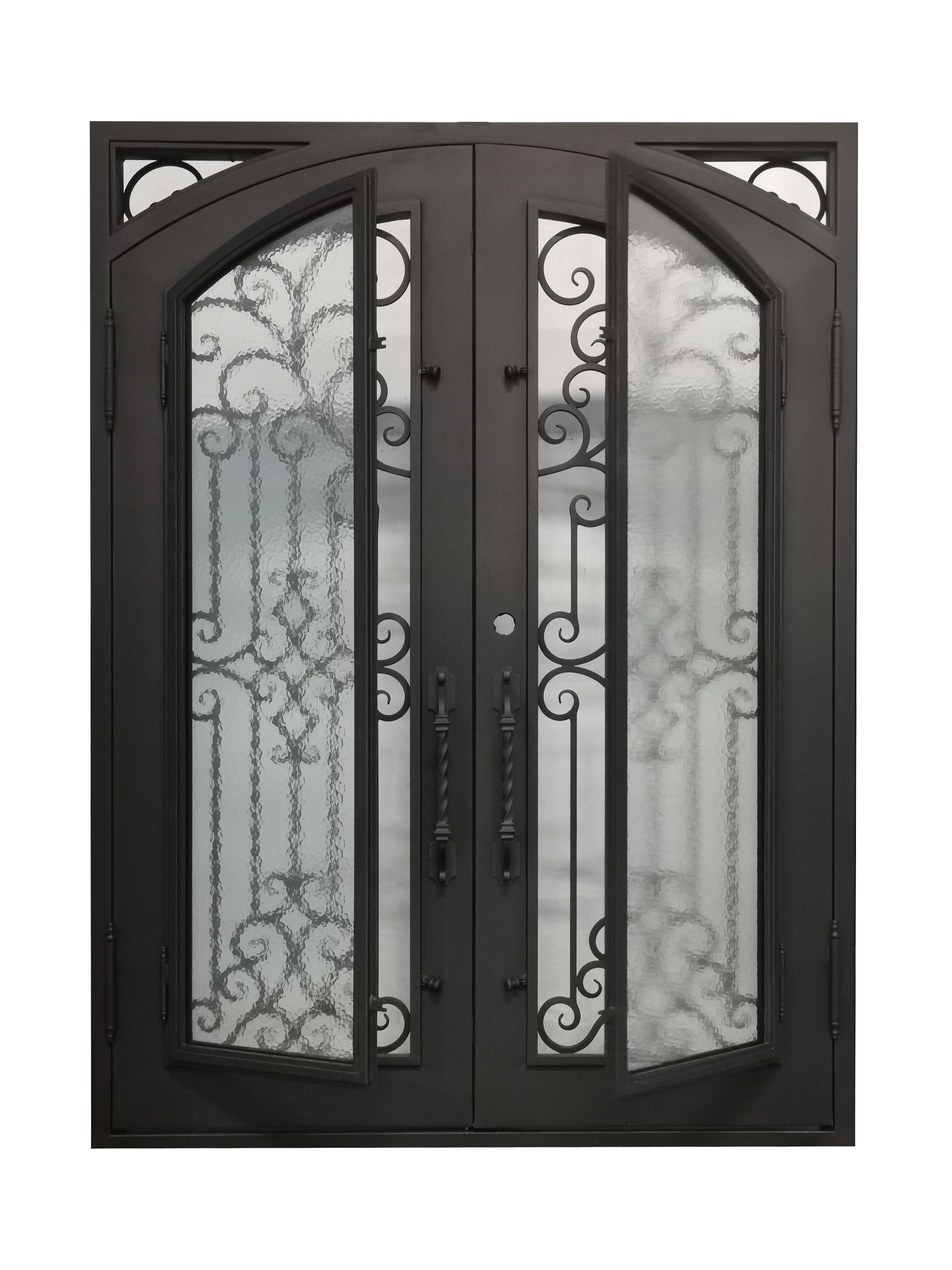 Hidalgo Model Double Front Entry Iron Door With Tempered Aqua Lite Glass Dark Bronze Finish