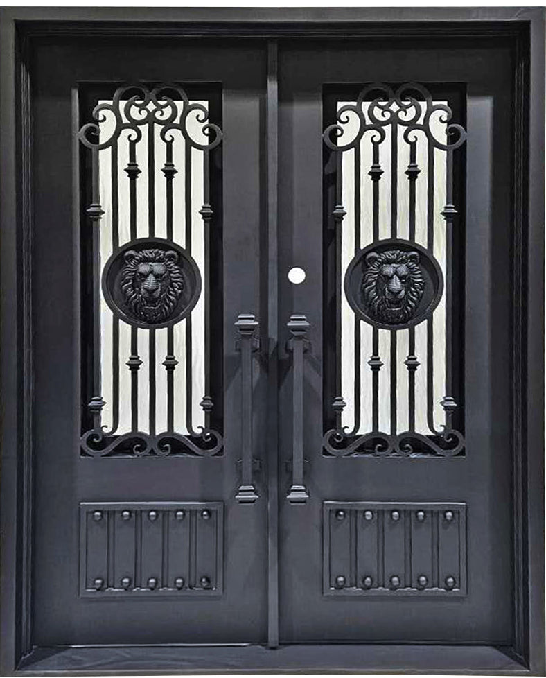 Forney Model  Double Front Entry Iron Door With Tempered Rain Glass Matt Black Finish