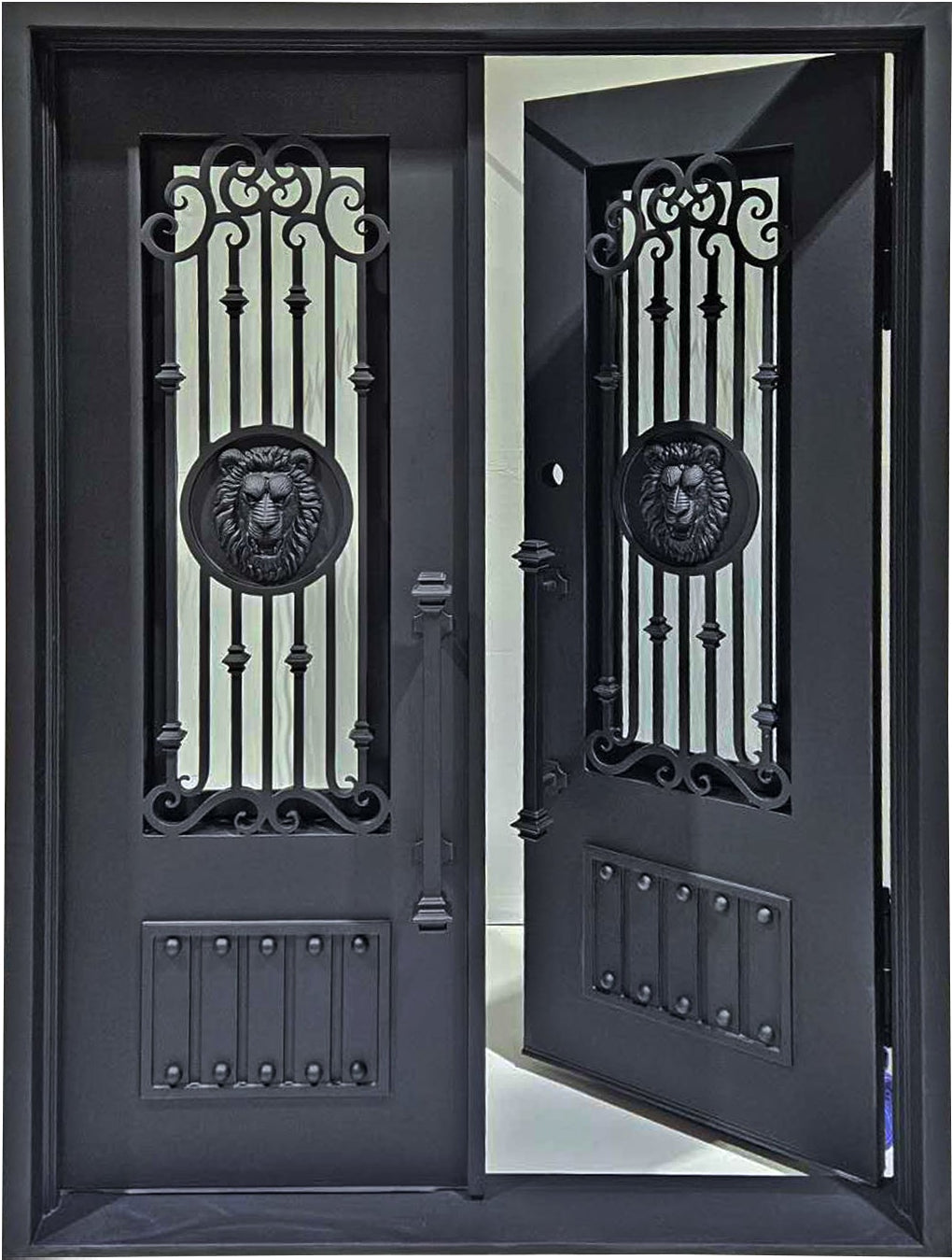 Forney Model  Double Front Entry Iron Door With Tempered Rain Glass Matt Black Finish