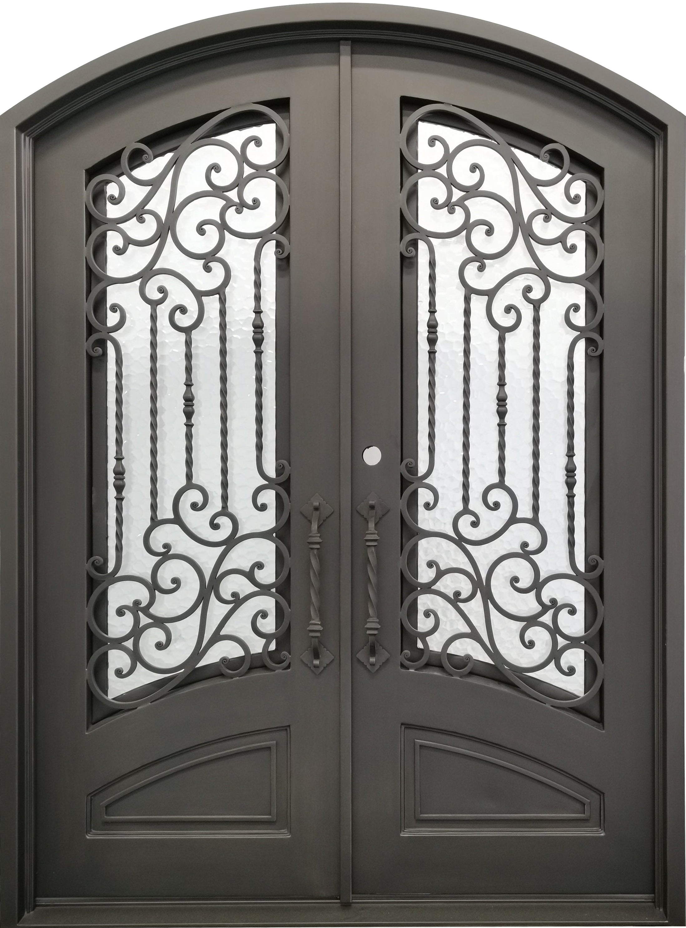 Archer Model Double Front Entry Iron Door With Tempered Water Cubit Glass Dark Bronze Finish