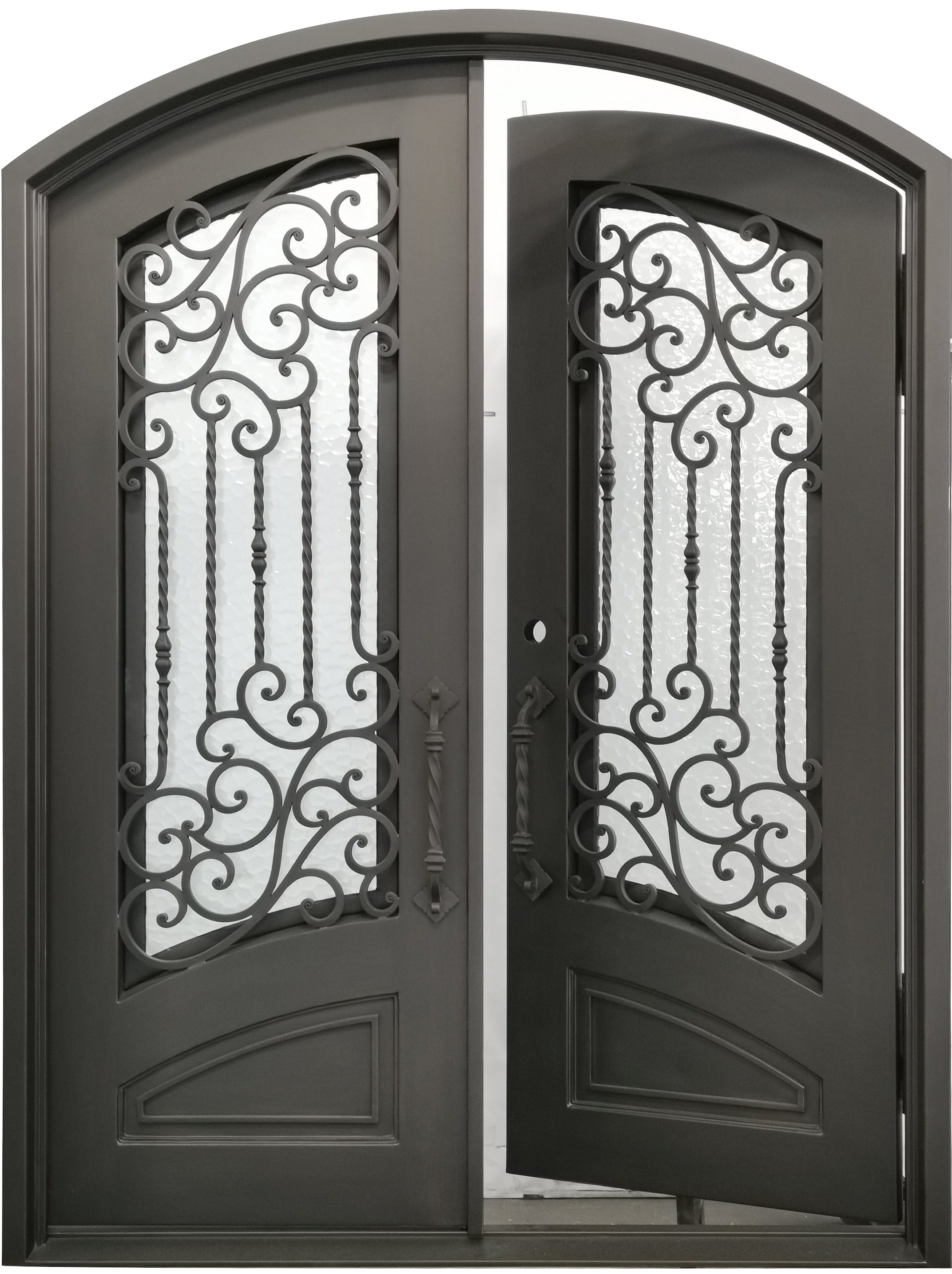 Archer Model Double Front Entry Iron Door With Tempered Water Cubit Glass Dark Bronze Finish