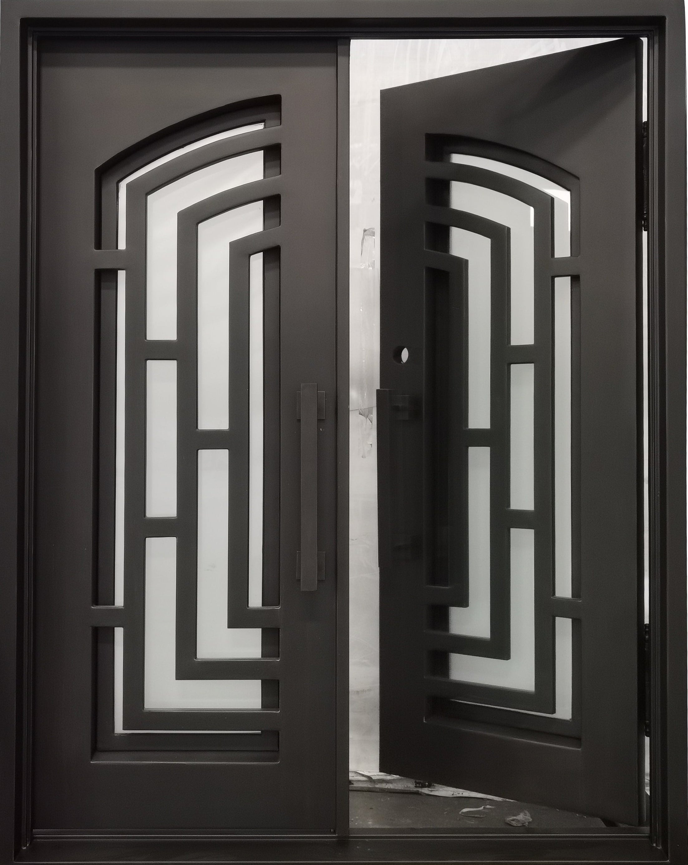 Belton Model Double Front Entry Iron Door With Tempered Frosted Glass Dark Bronze Finish