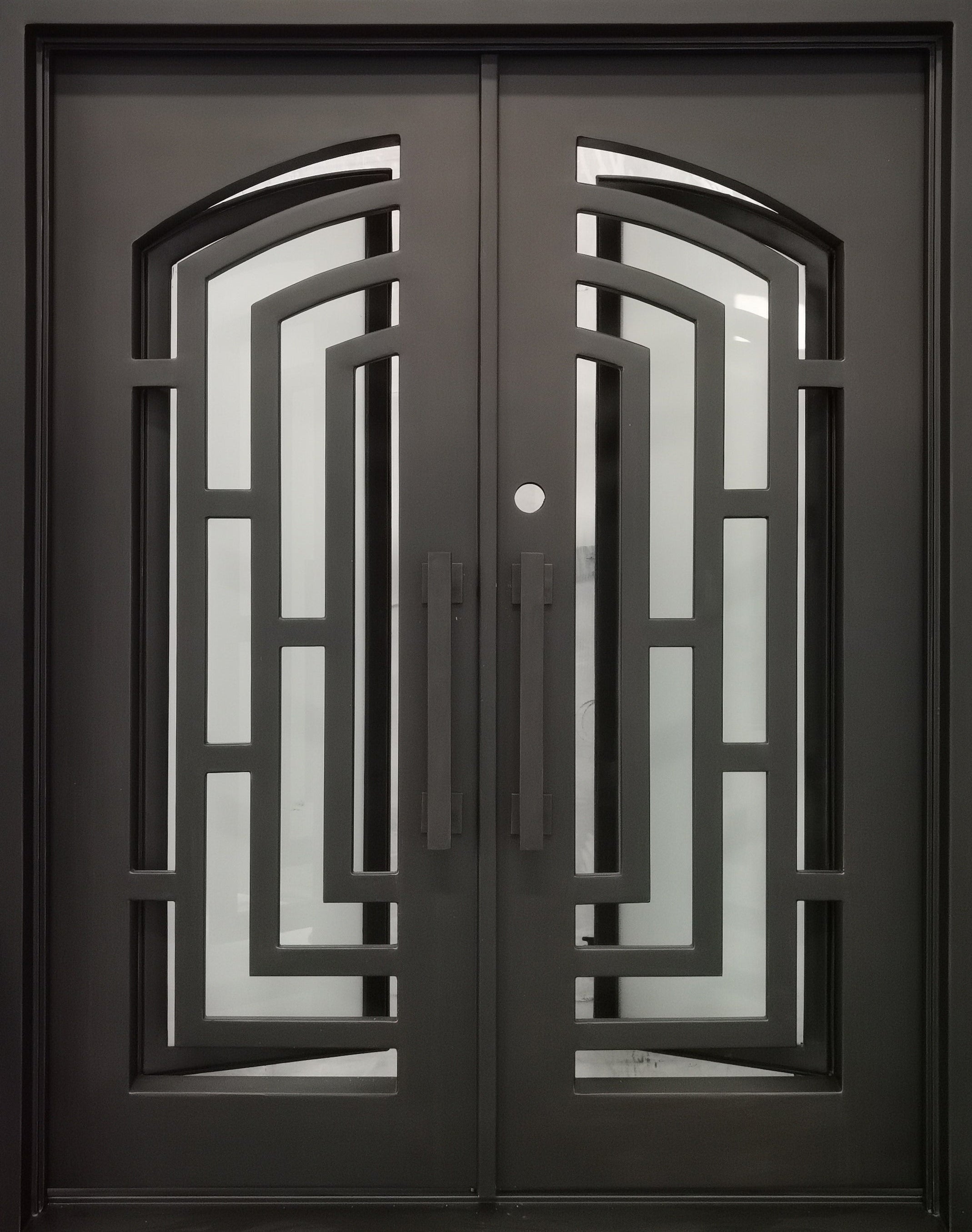 Belton Model Double Front Entry Iron Door With Tempered Frosted Glass Dark Bronze Finish
