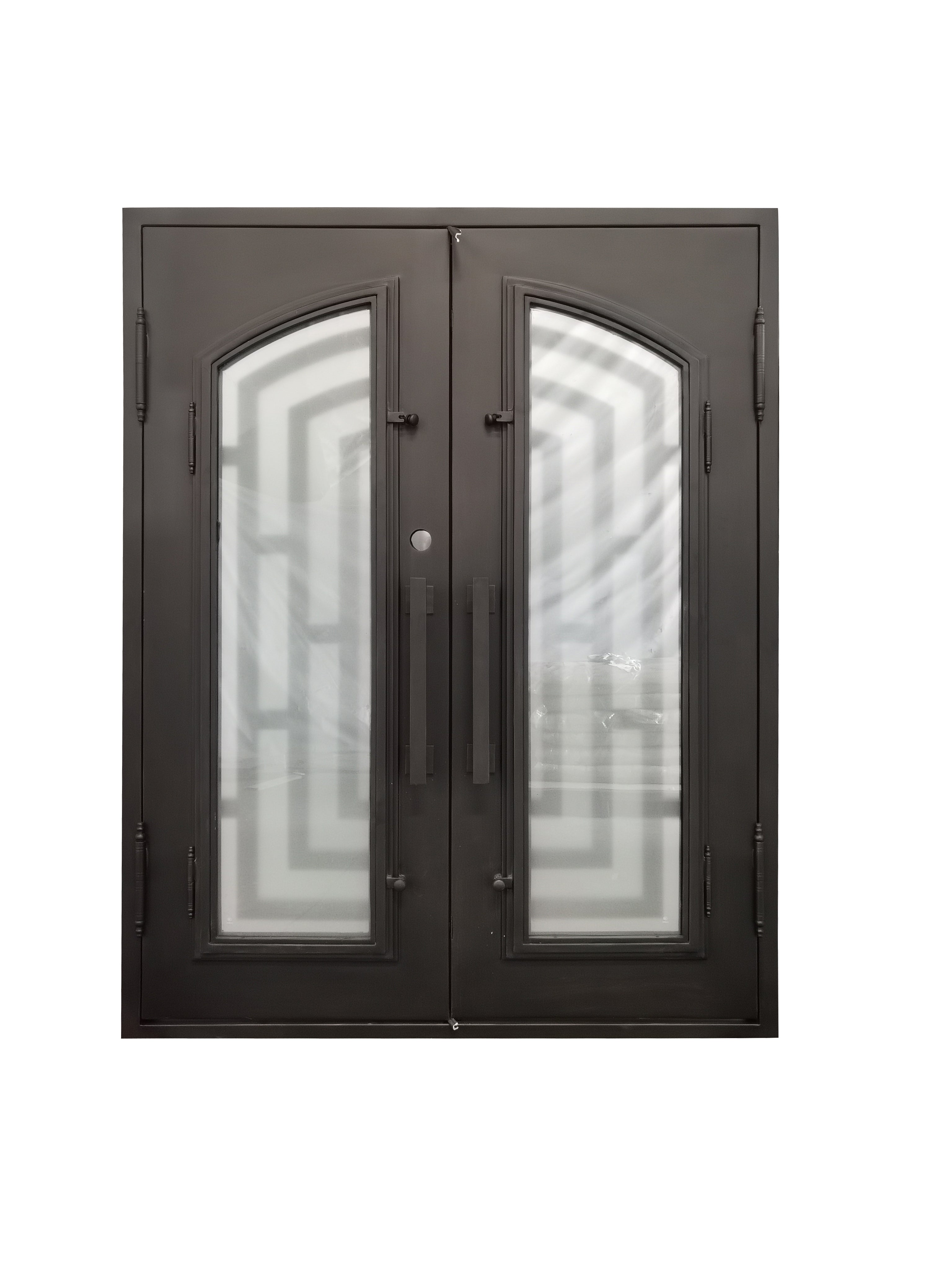 Belton Model Double Front Entry Iron Door With Tempered Frosted Glass Dark Bronze Finish
