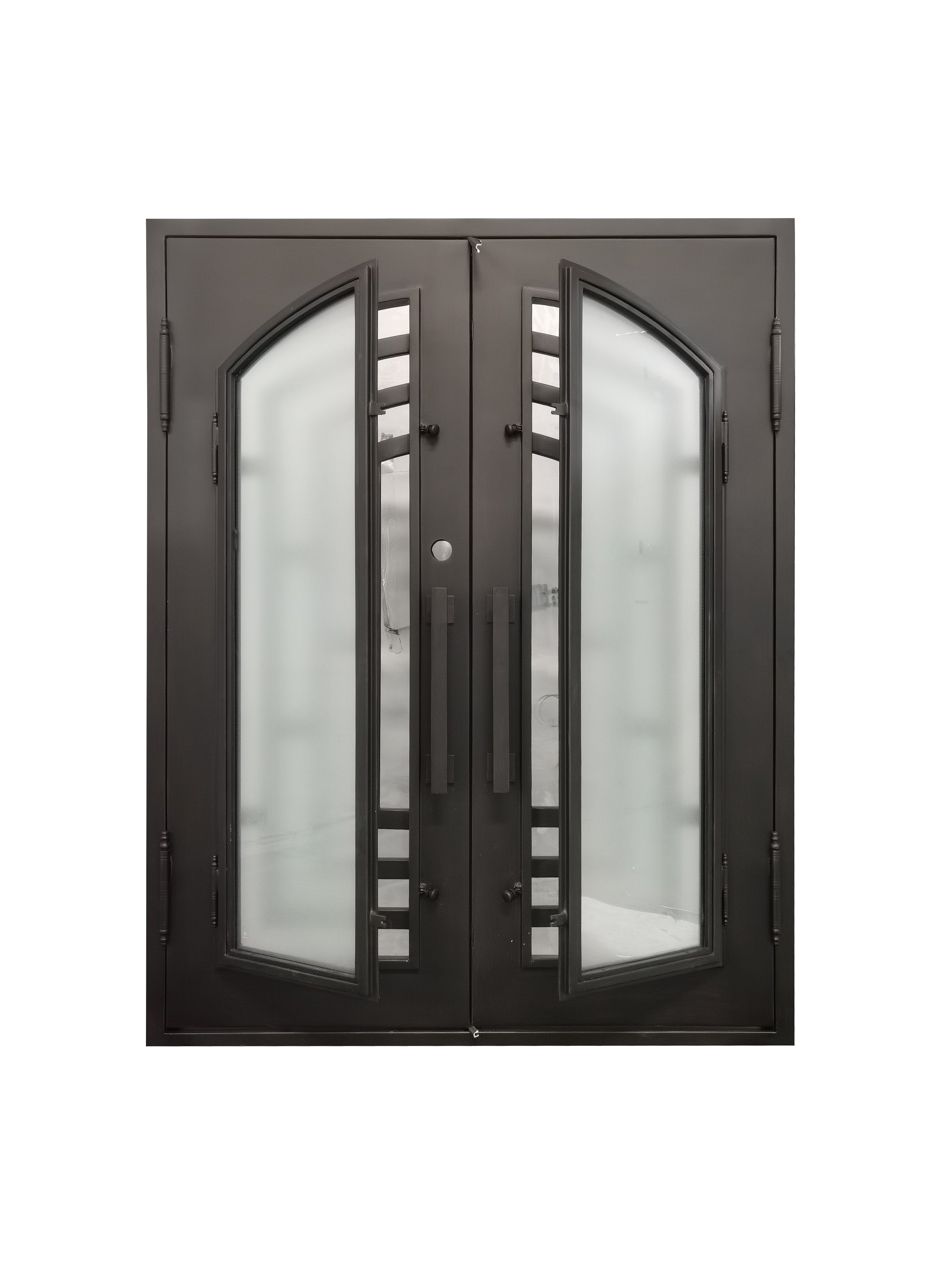 Belton Model Double Front Entry Iron Door With Tempered Frosted Glass Dark Bronze Finish