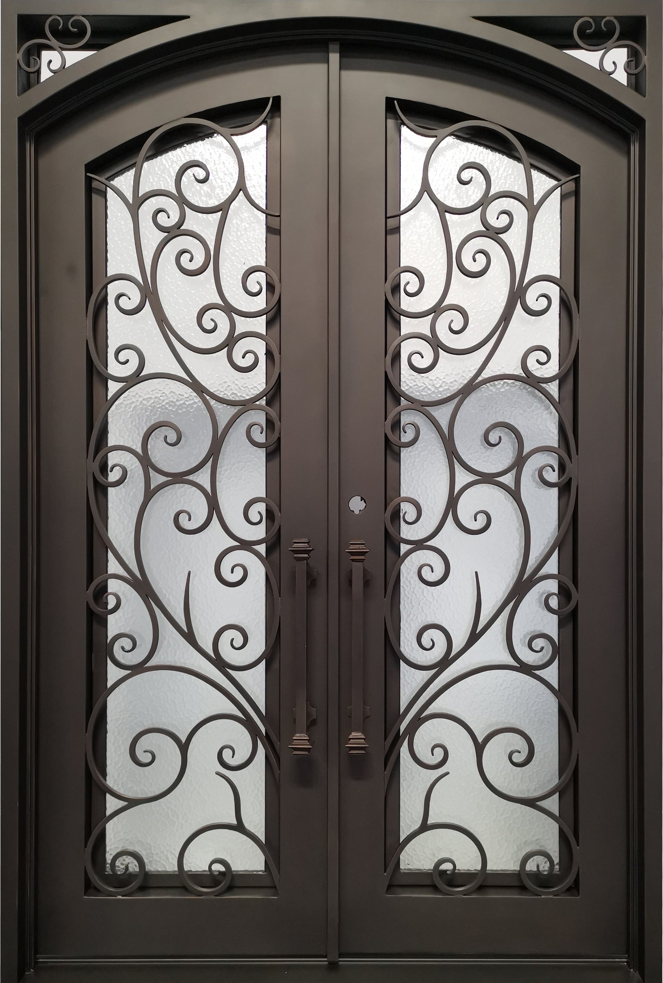 Carthage Model Double Front Entry Iron Door With Tempered Aqua Lite Glass Dark Bronze Finish