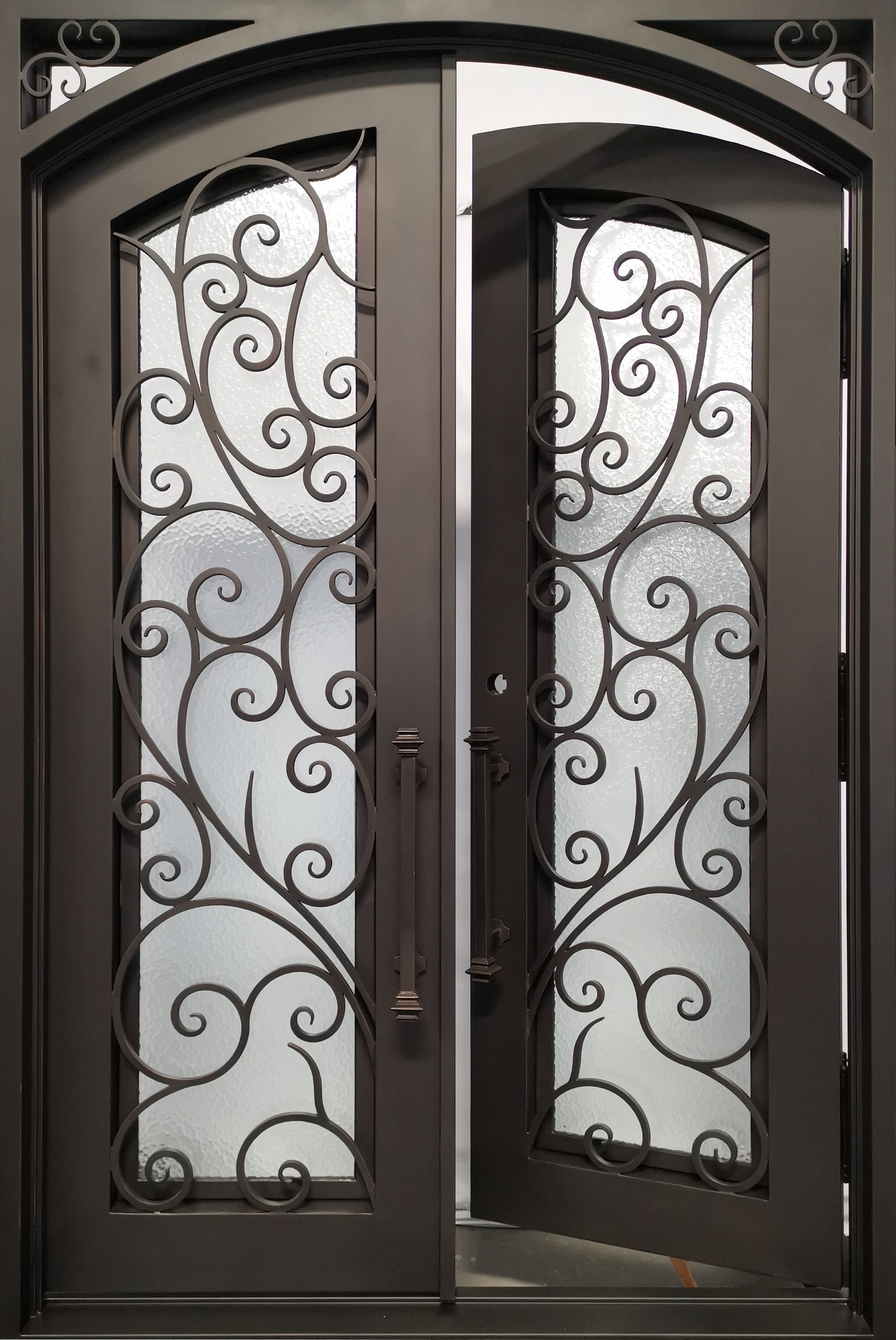 Carthage Model Double Front Entry Iron Door With Tempered Aqua Lite Glass Dark Bronze Finish