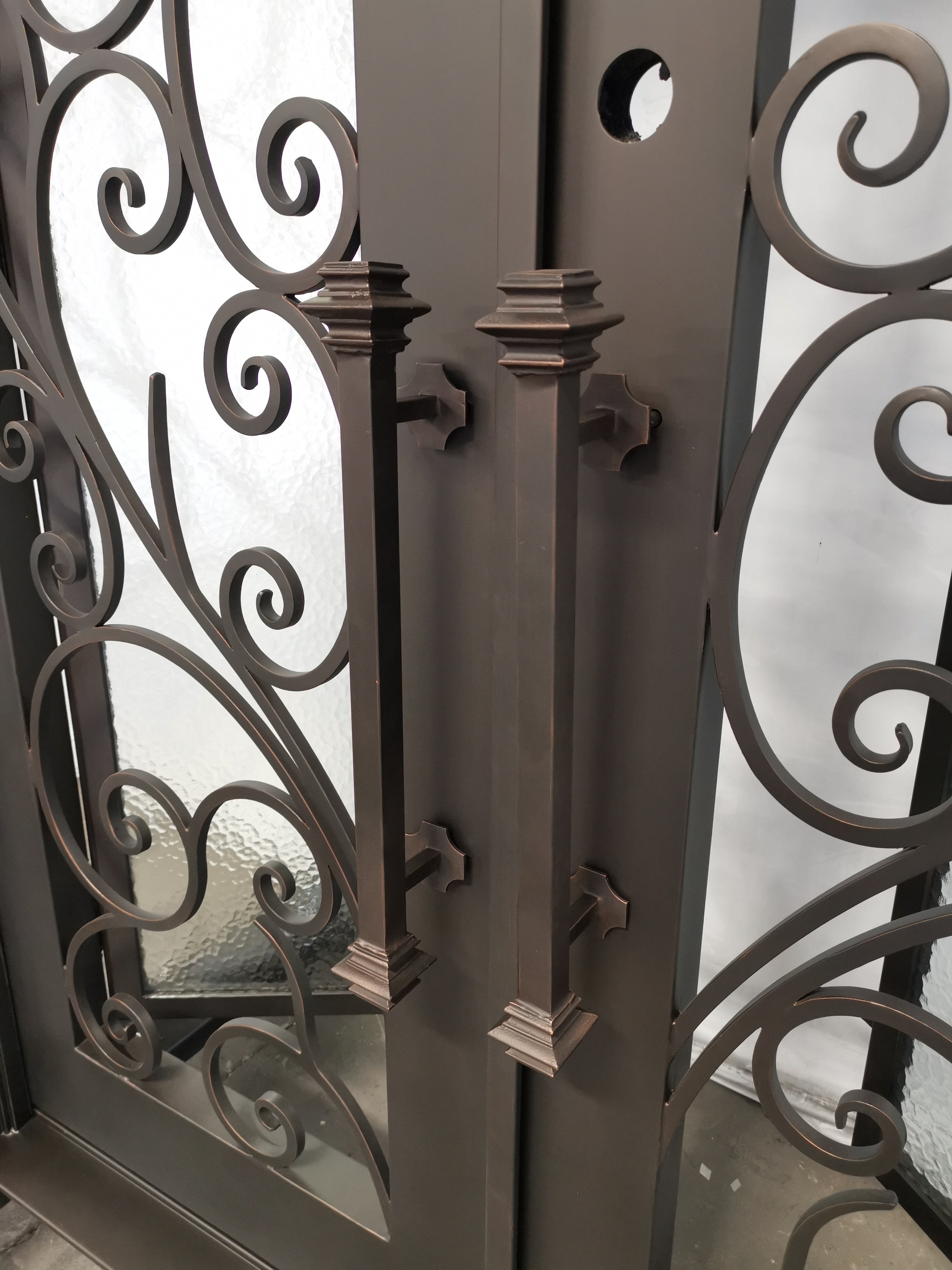 Carthage Model Double Front Entry Iron Door With Tempered Aqua Lite Glass Dark Bronze Finish