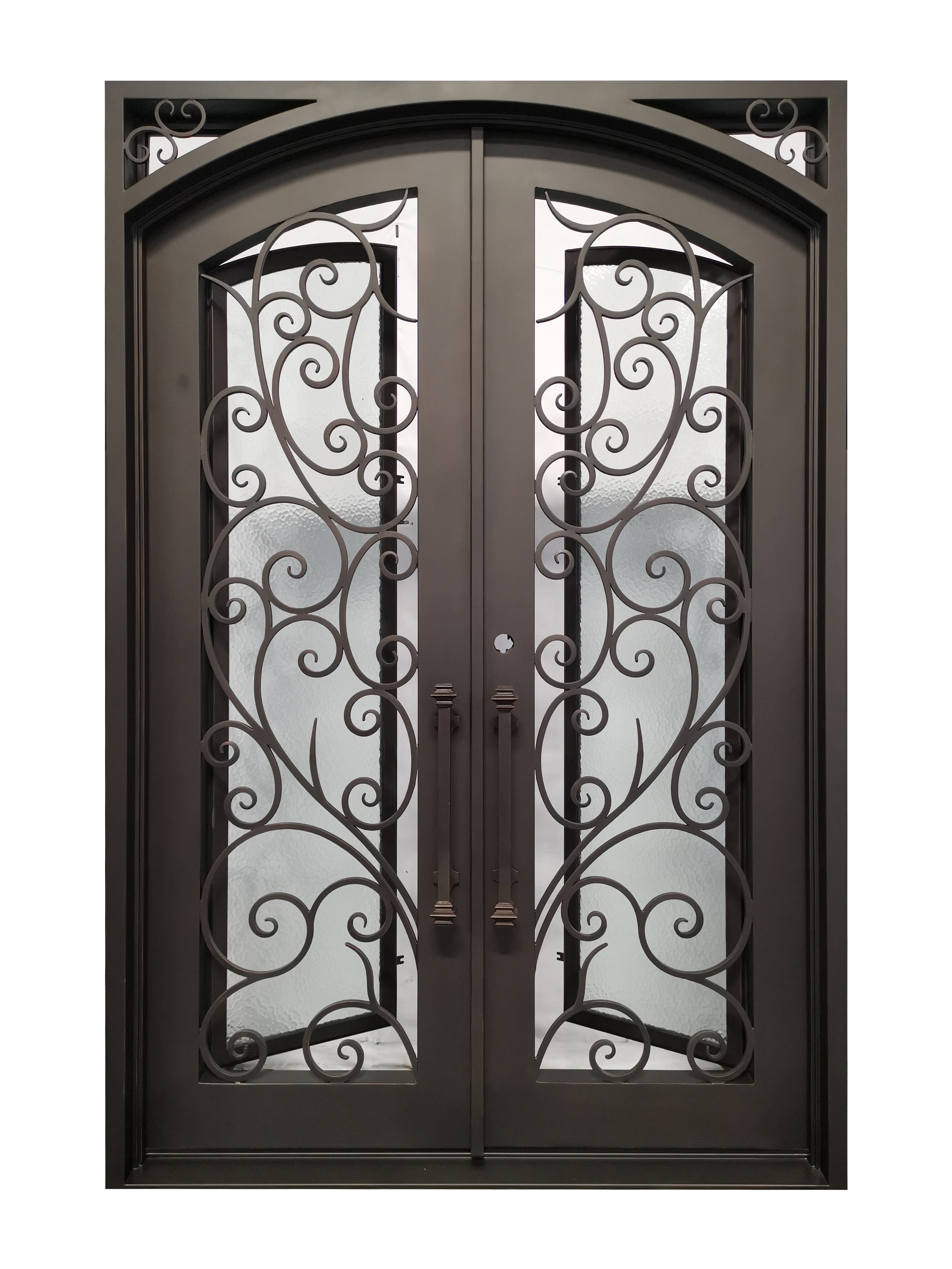 Carthage Model Double Front Entry Iron Door With Tempered Aqua Lite Glass Dark Bronze Finish