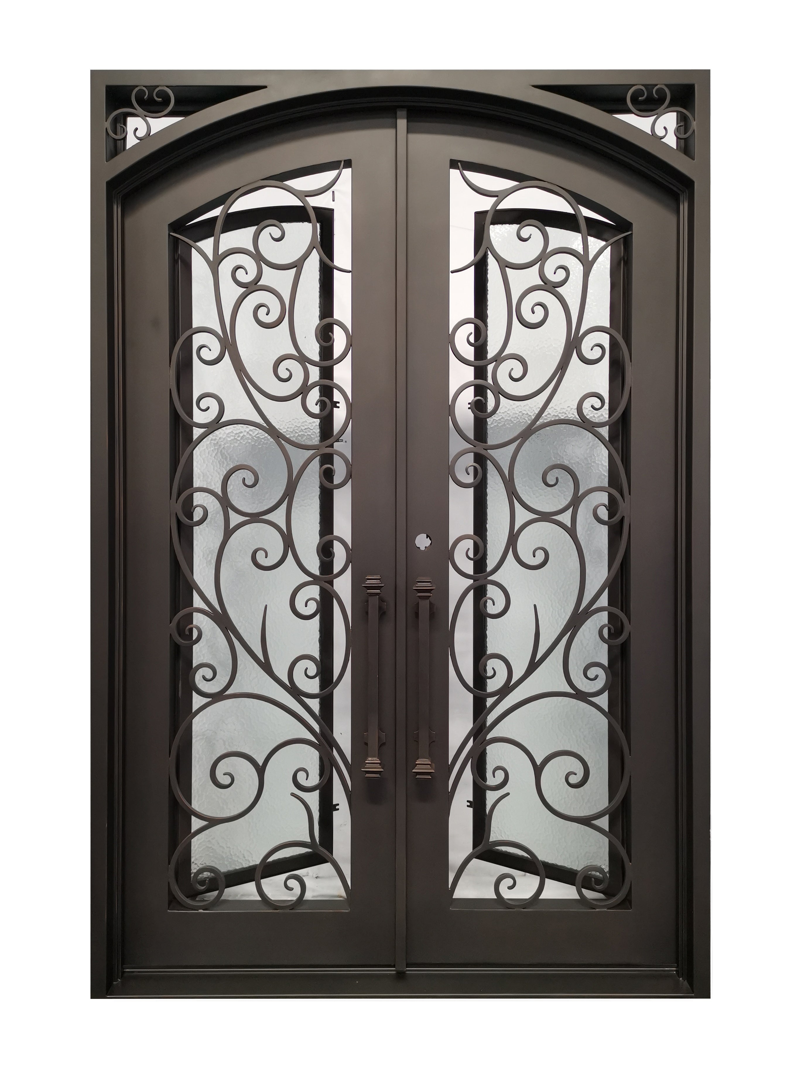 Carthage Model Double Front Entry Iron Door With Tempered Aqua Lite Glass Dark Bronze Finish