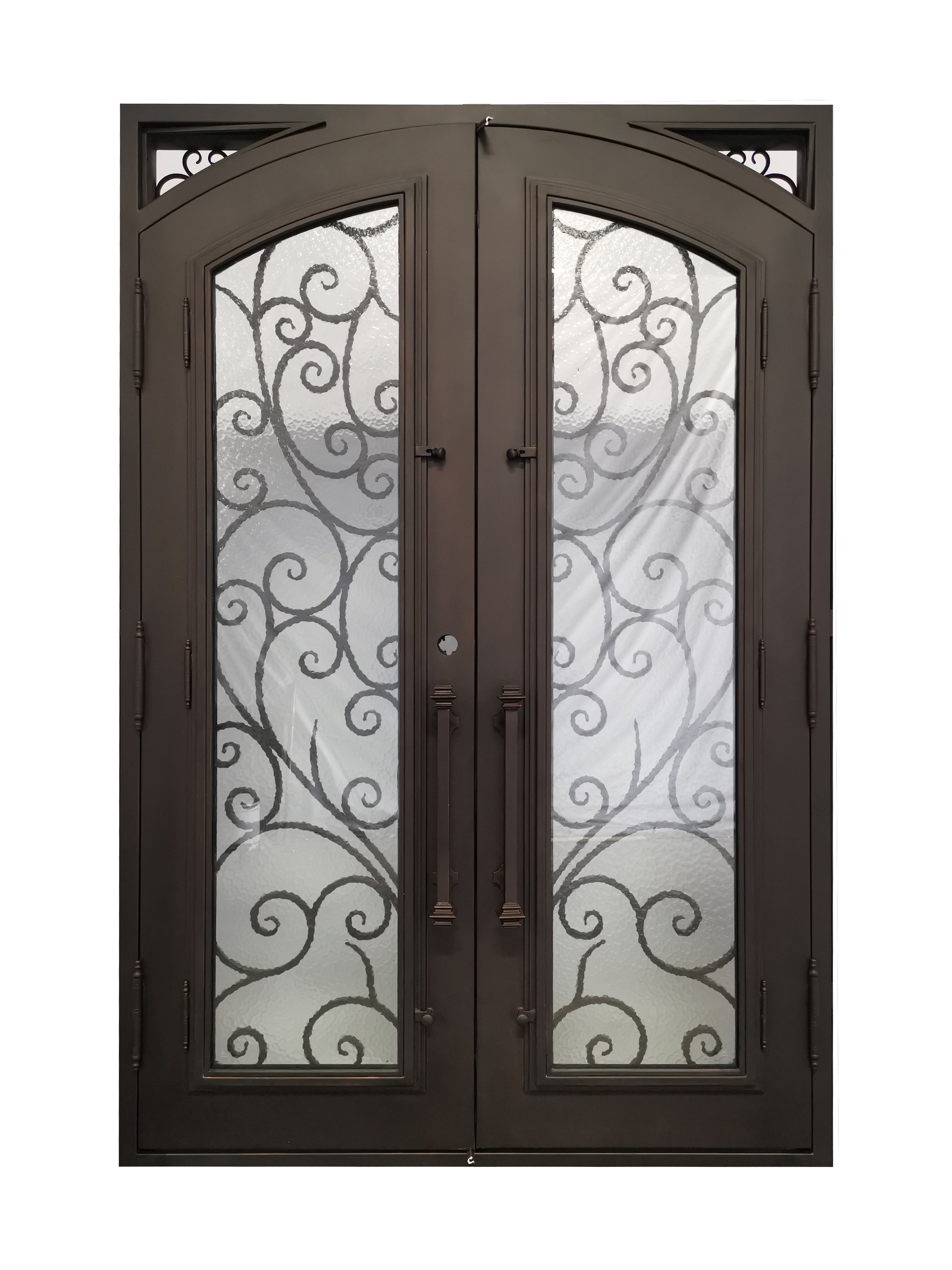 Carthage Model Double Front Entry Iron Door With Tempered Aqua Lite Glass Dark Bronze Finish
